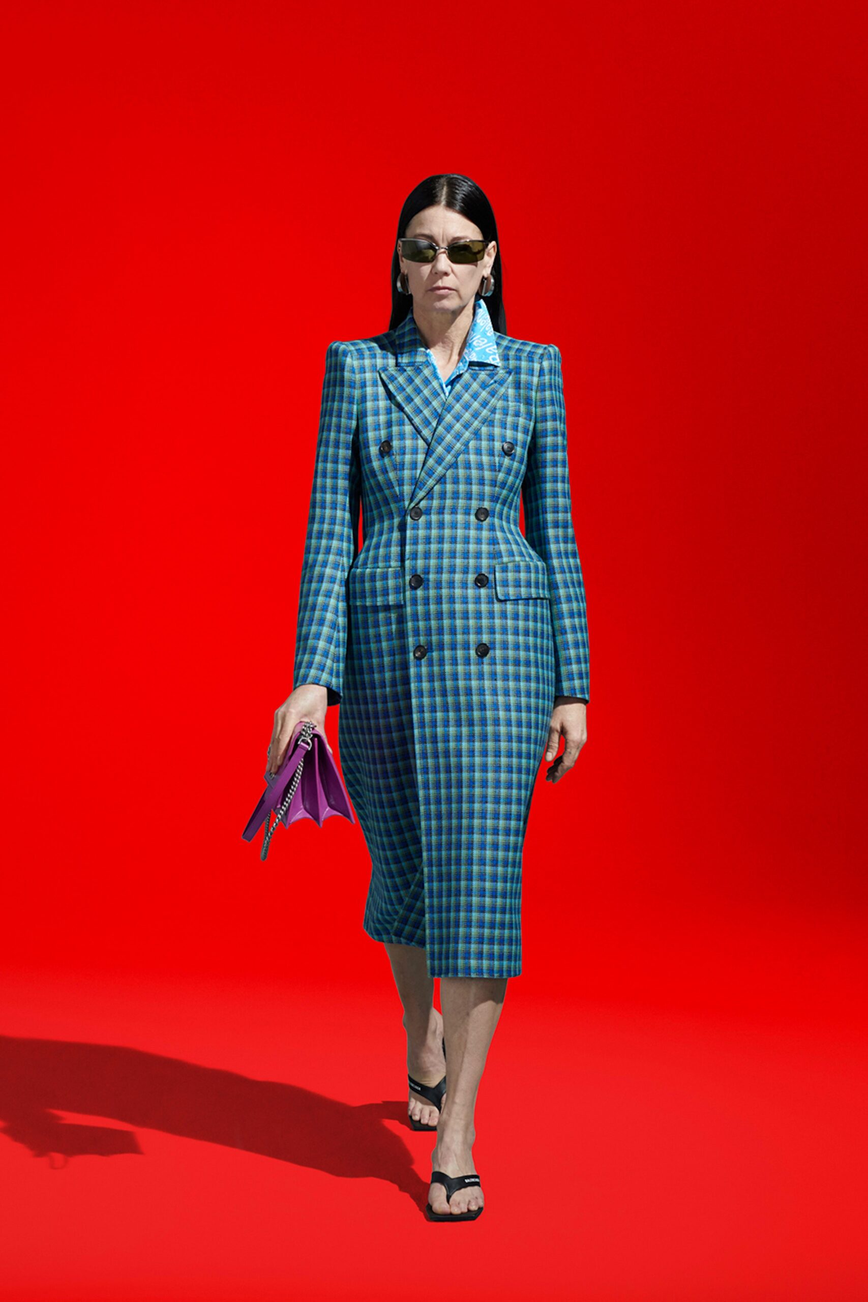 blue checked tailored blazer with midi skirt