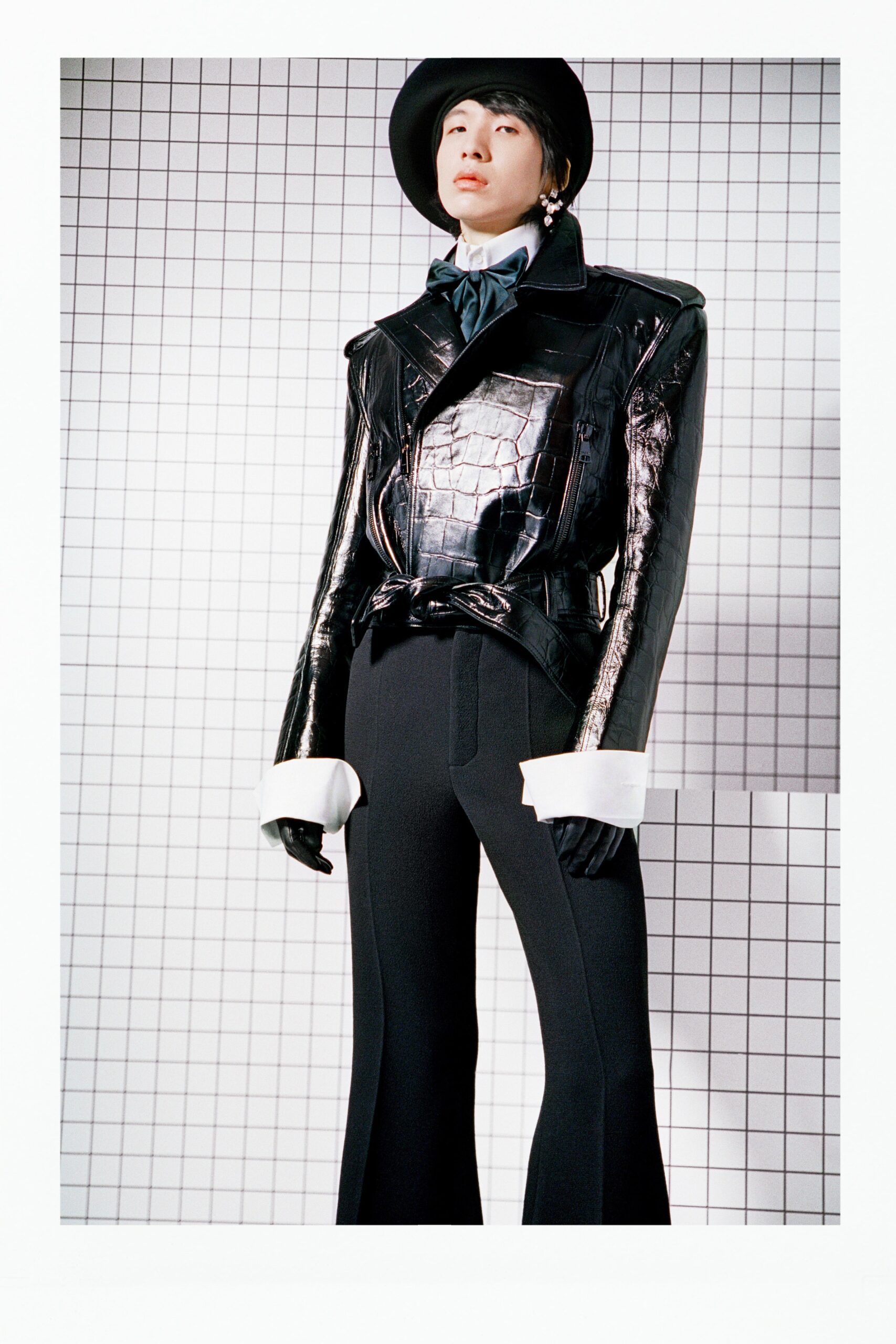 black leather fitted jacket and pants