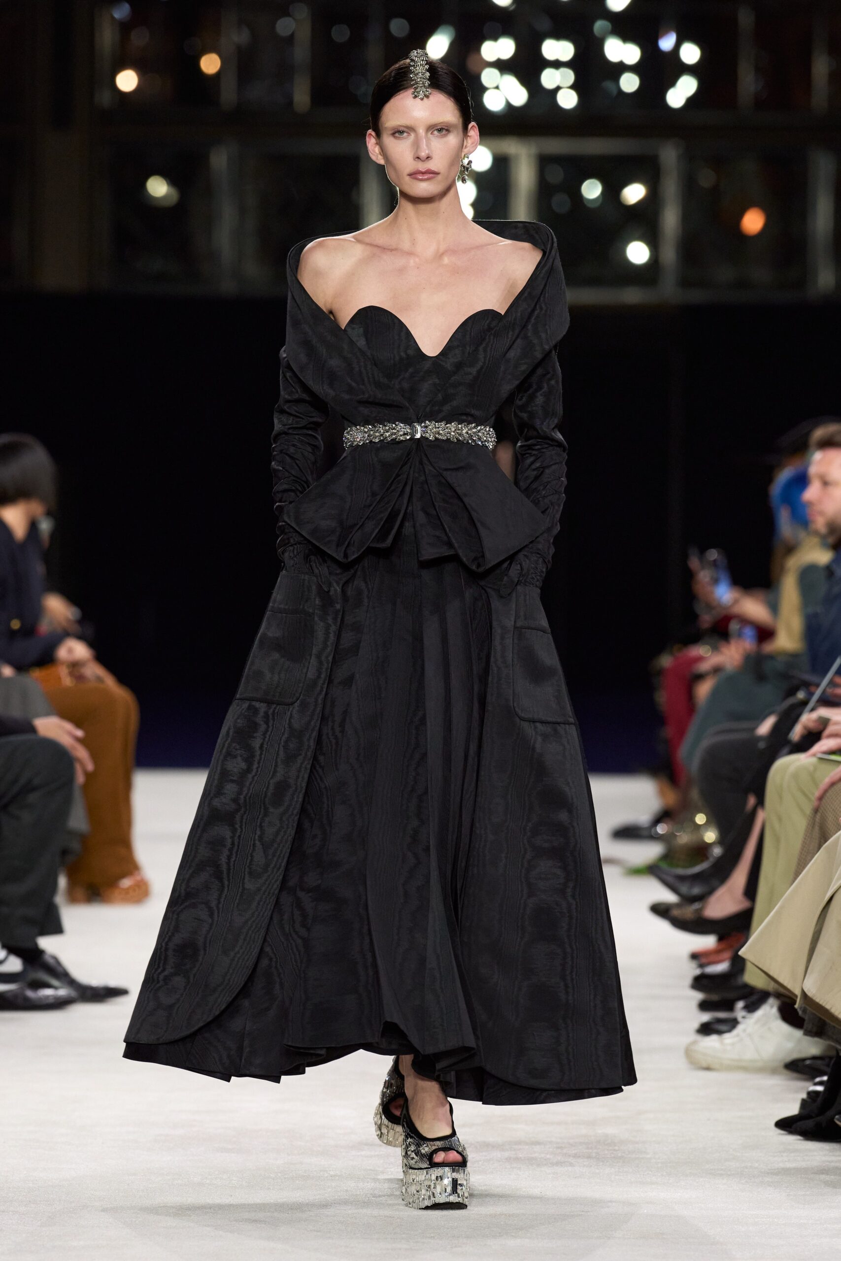 black silk long-sleeve collared structured buttoned jacket