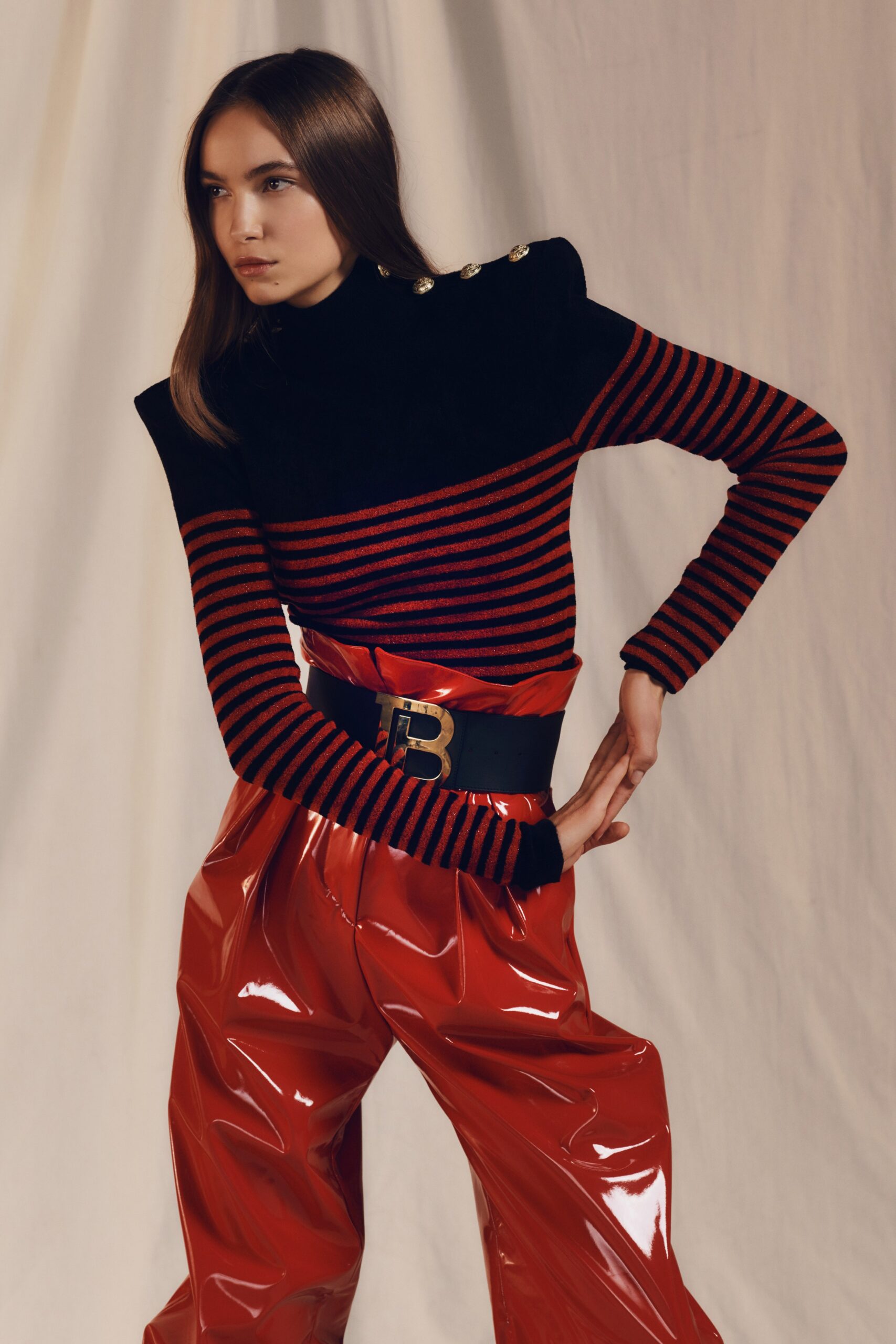 fitted striped top with vinyl pants