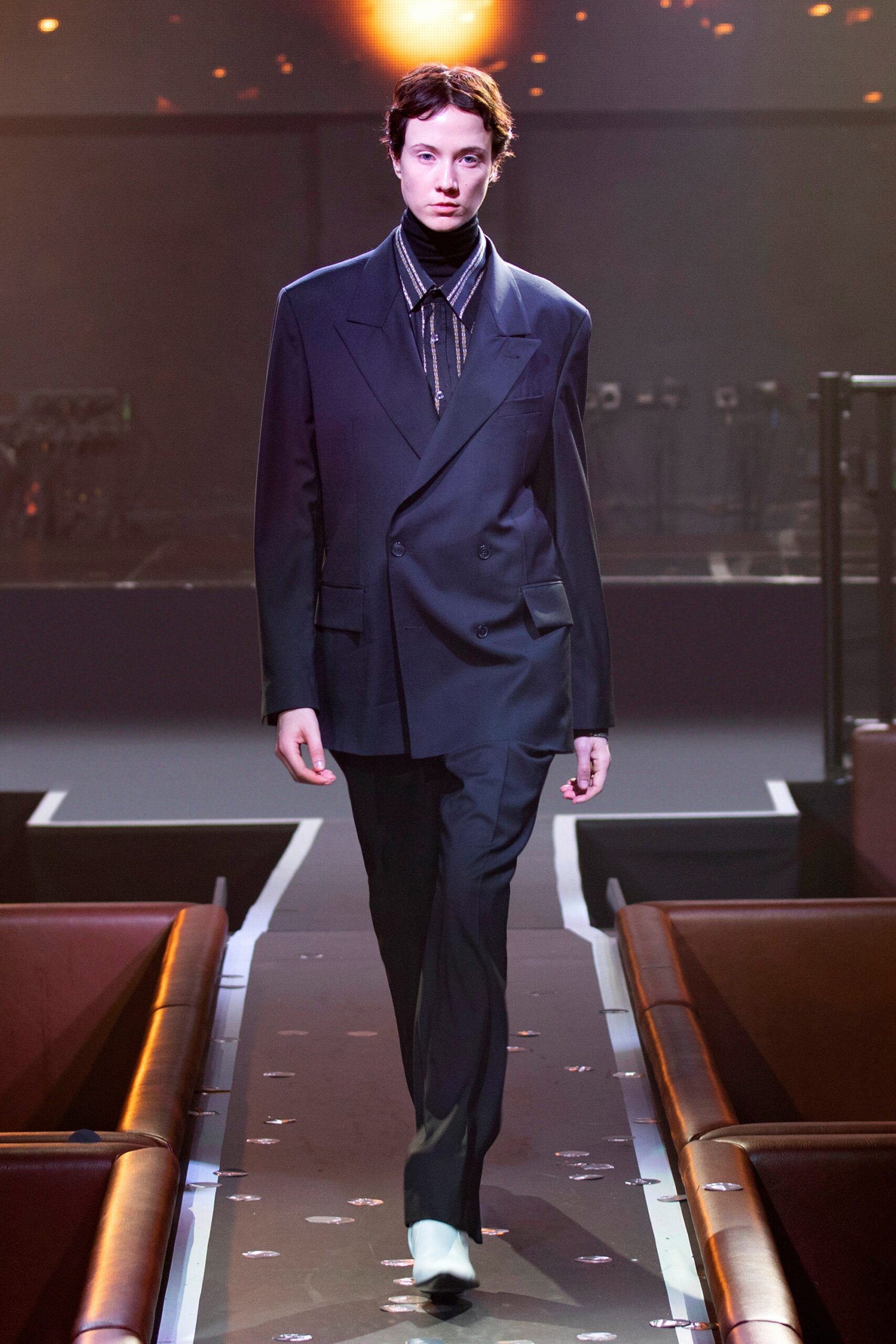 black tailored suit with white shirt