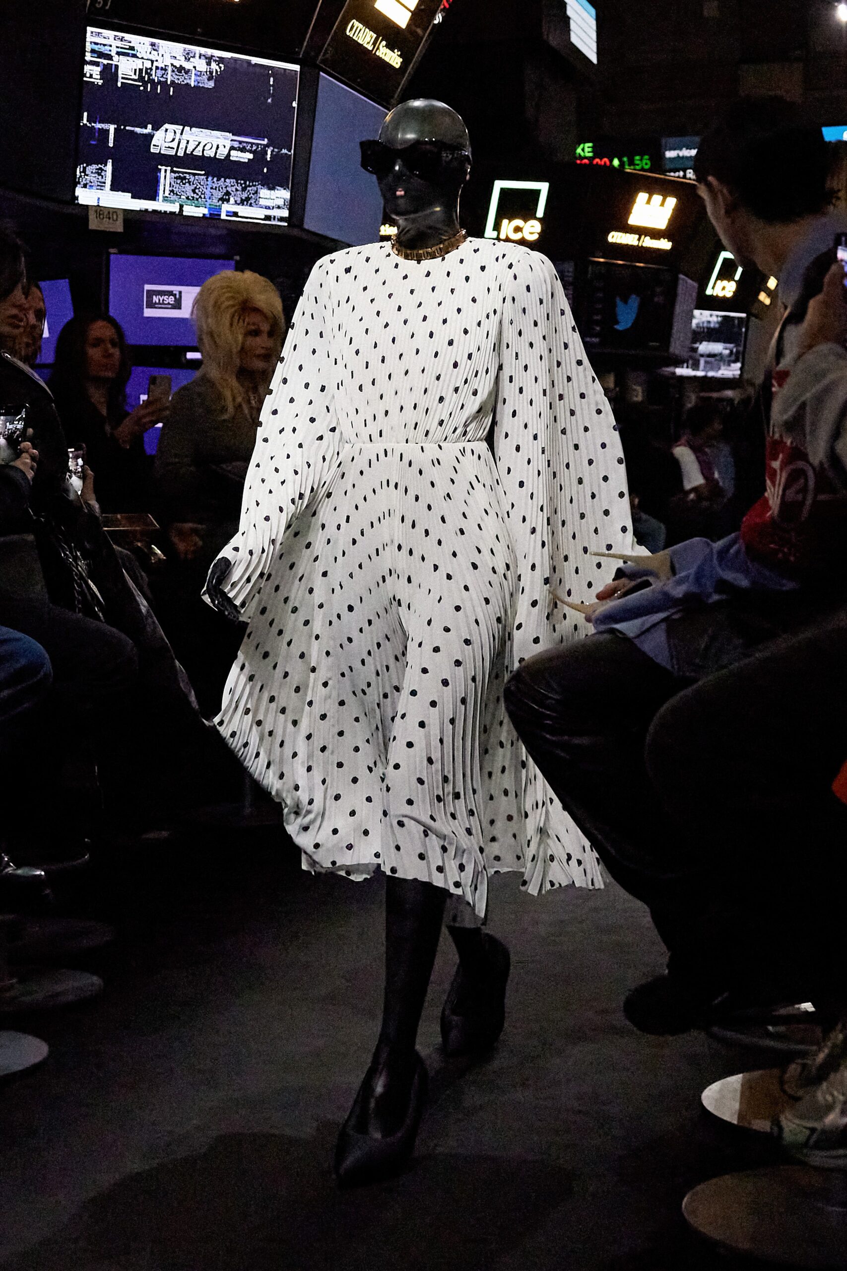 white polka-dot midi dress