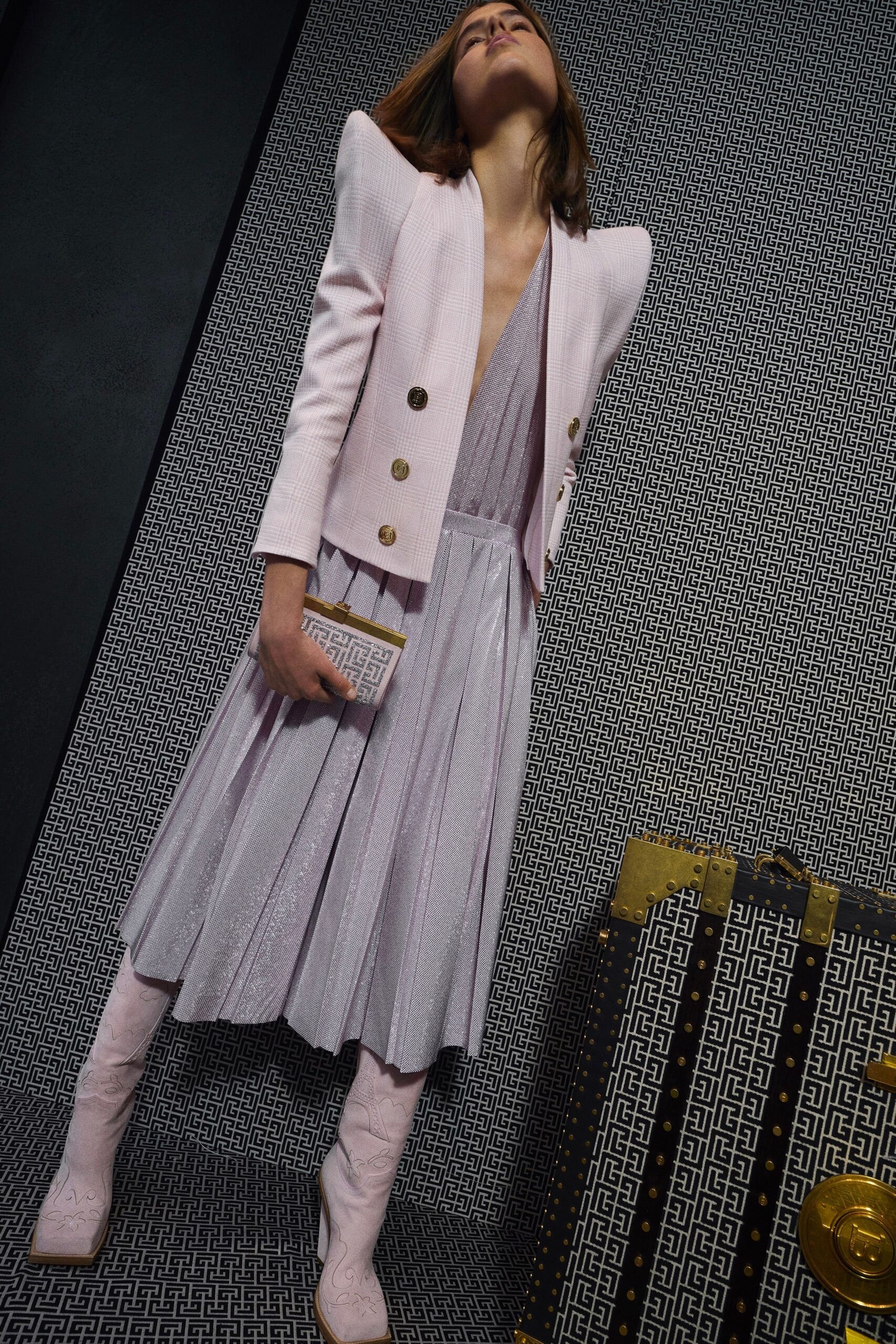 pink blazer and lavender pleated dress