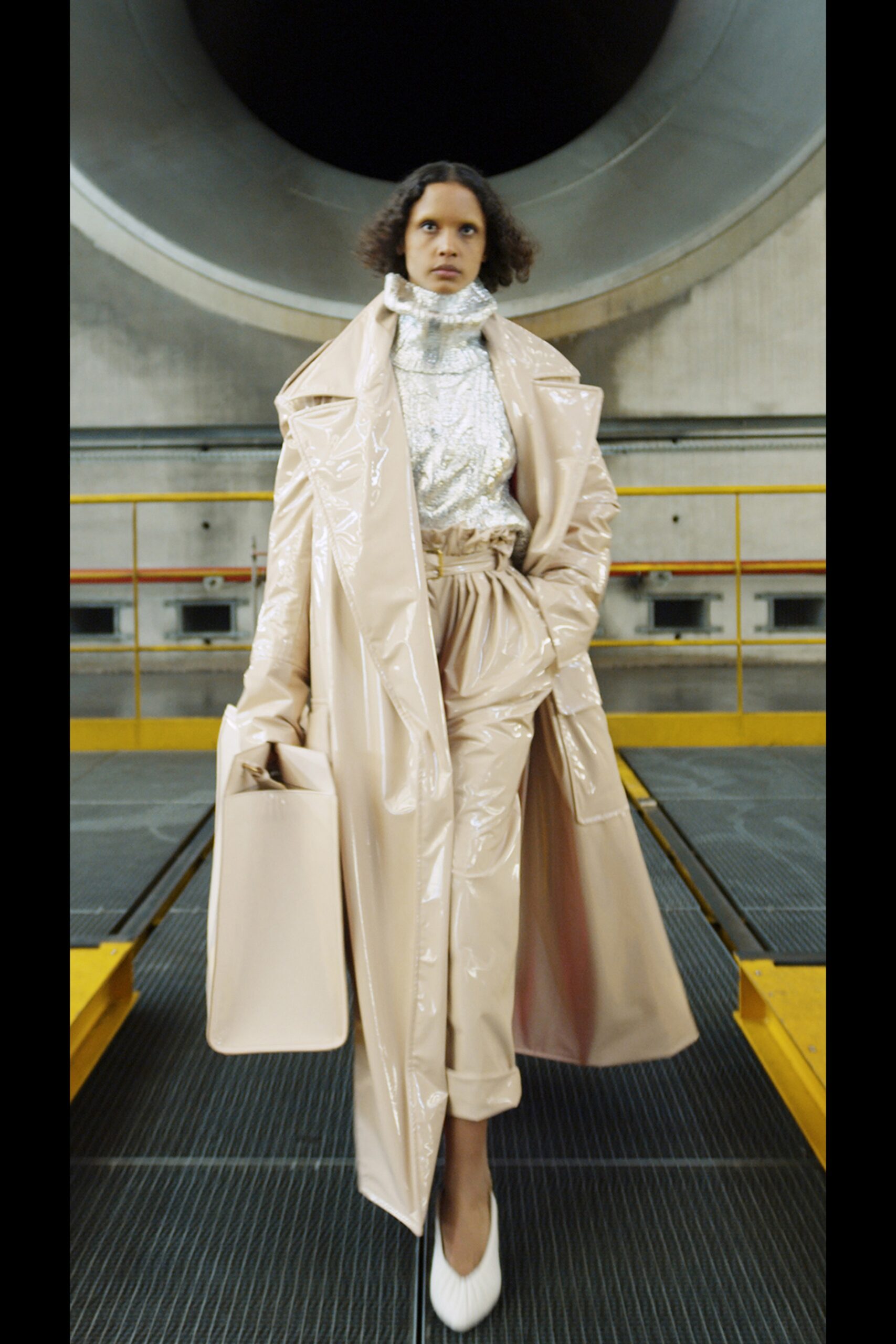 beige vinyl long-sleeve collared relaxed belted shiny coat