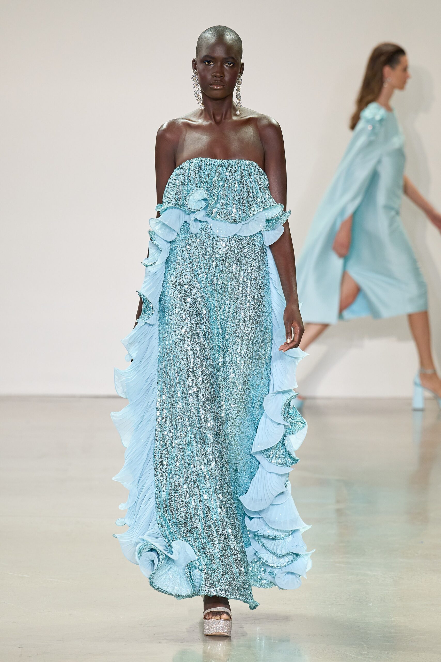 blue sequined strapless gown
