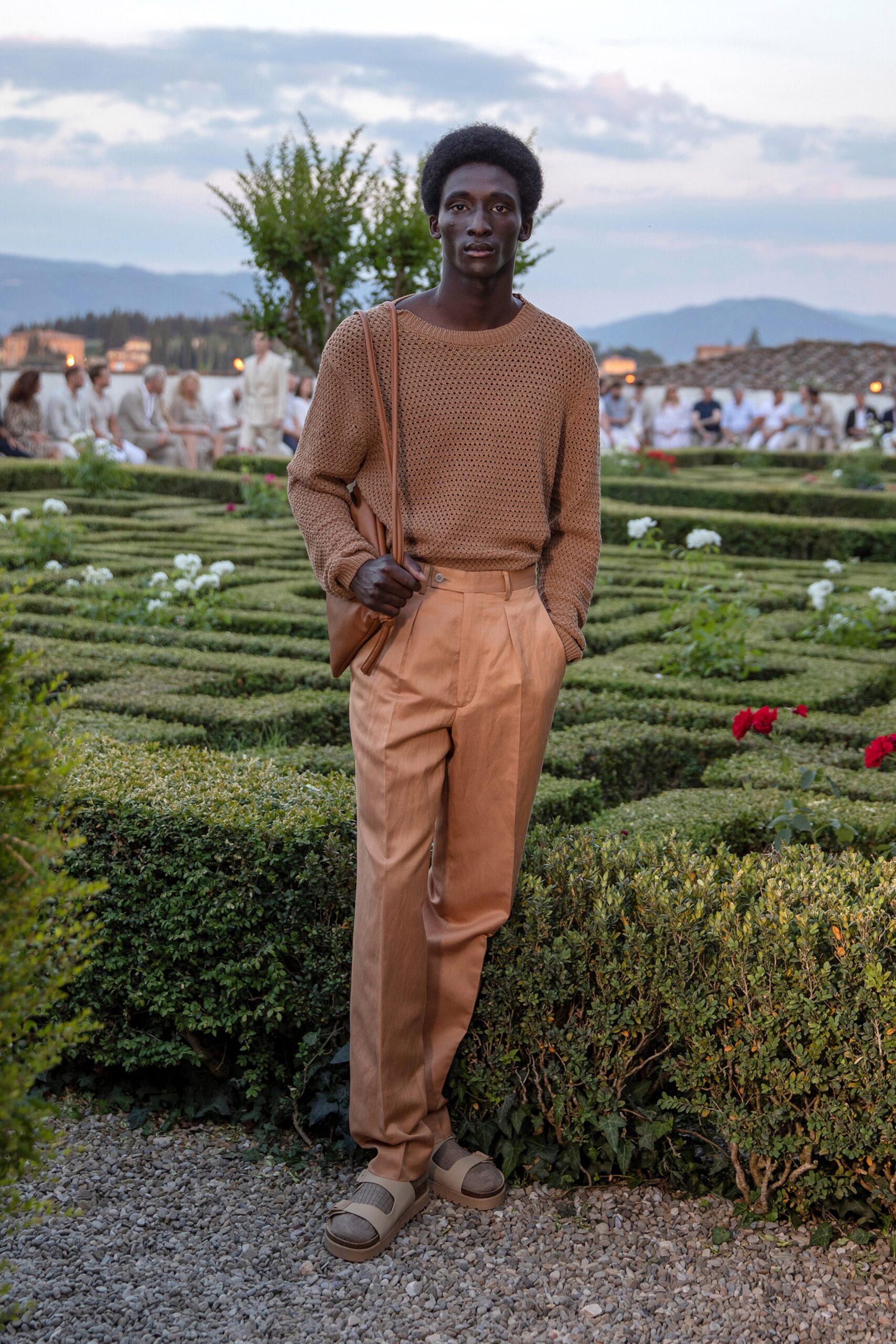 brown cotton relaxed sweater with beige tailored pants