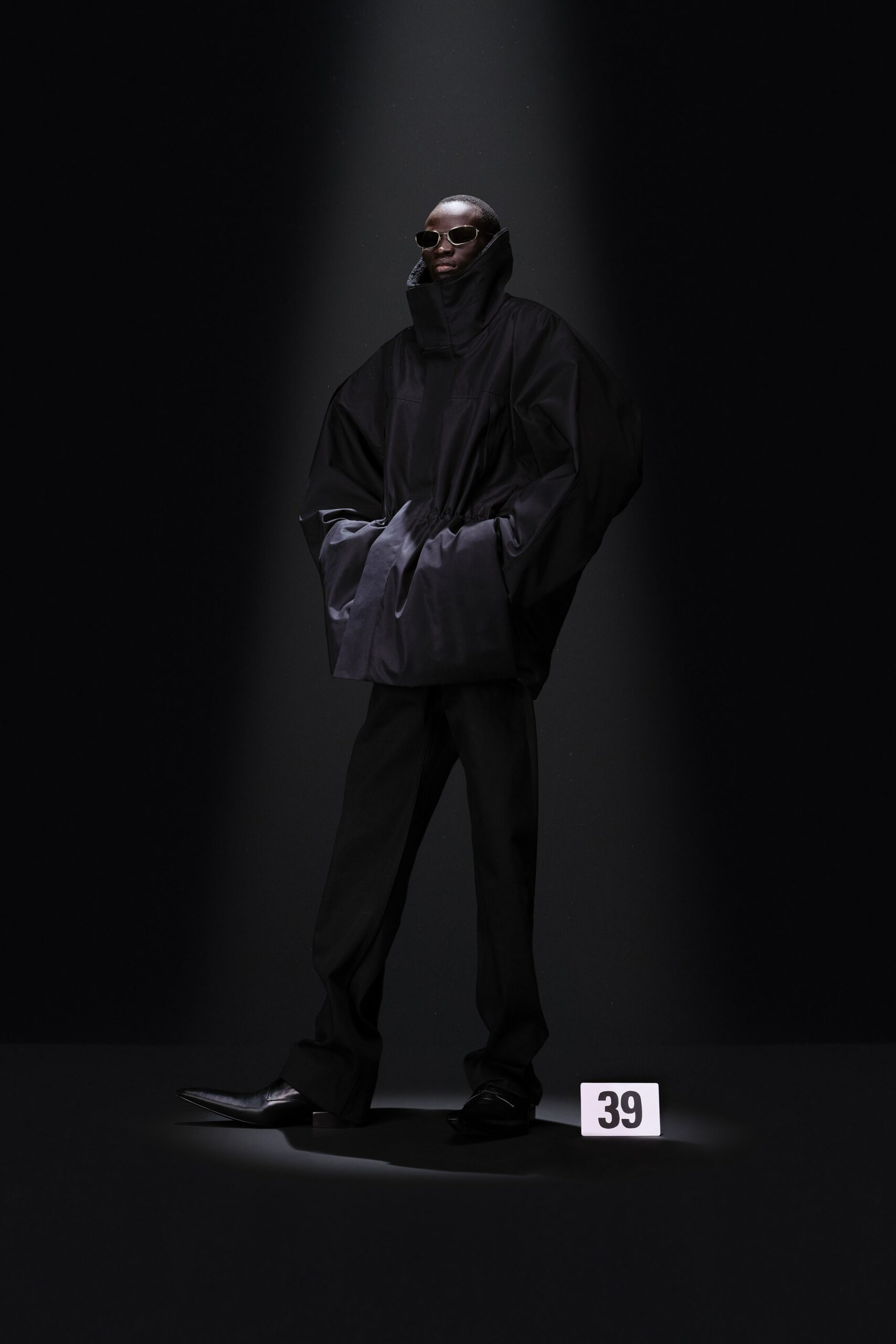 oversized black jacket with tailored pants