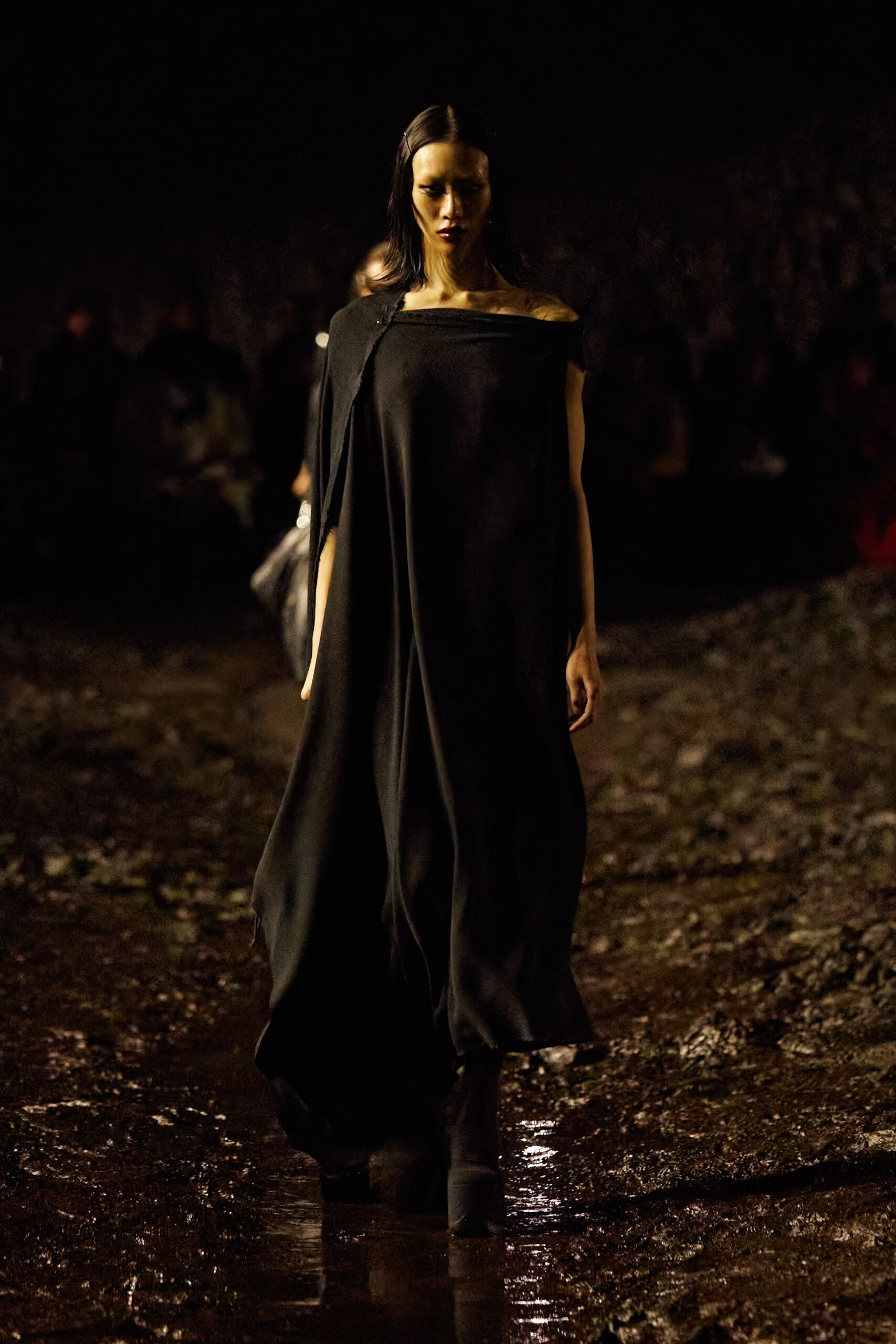 black silk off-shoulder dress