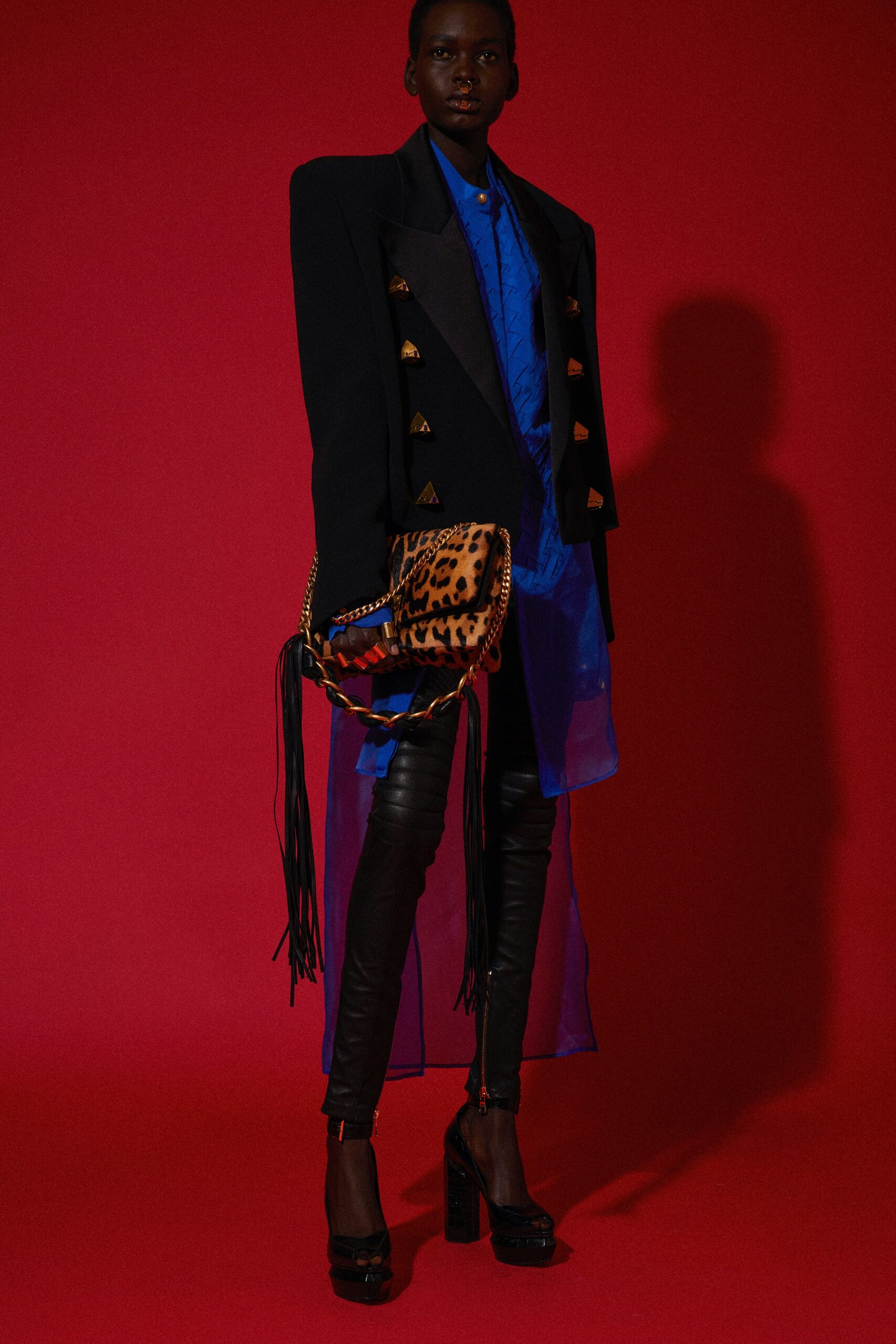 black tailored blazer with blue shirt