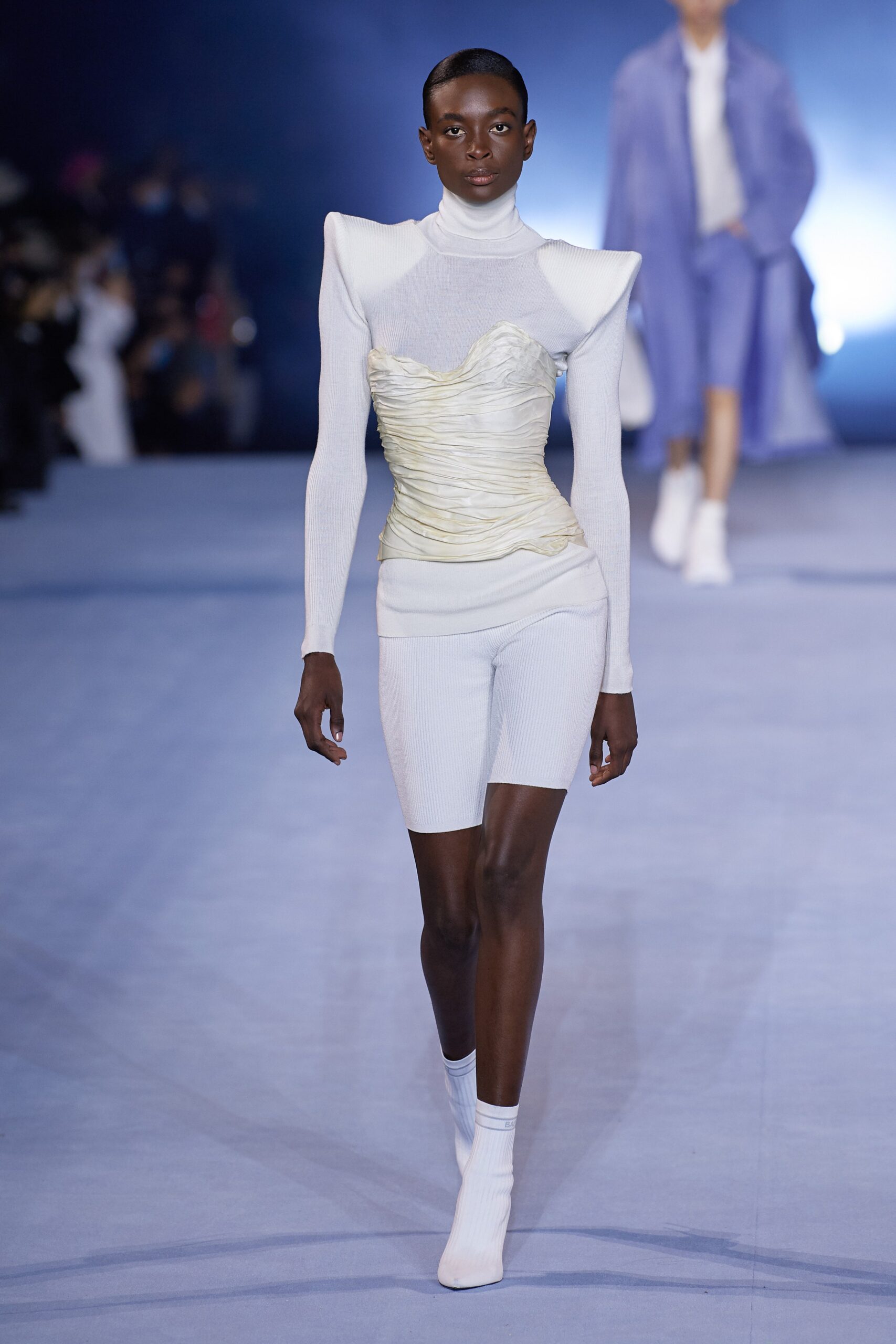 fitted white knit top and shorts