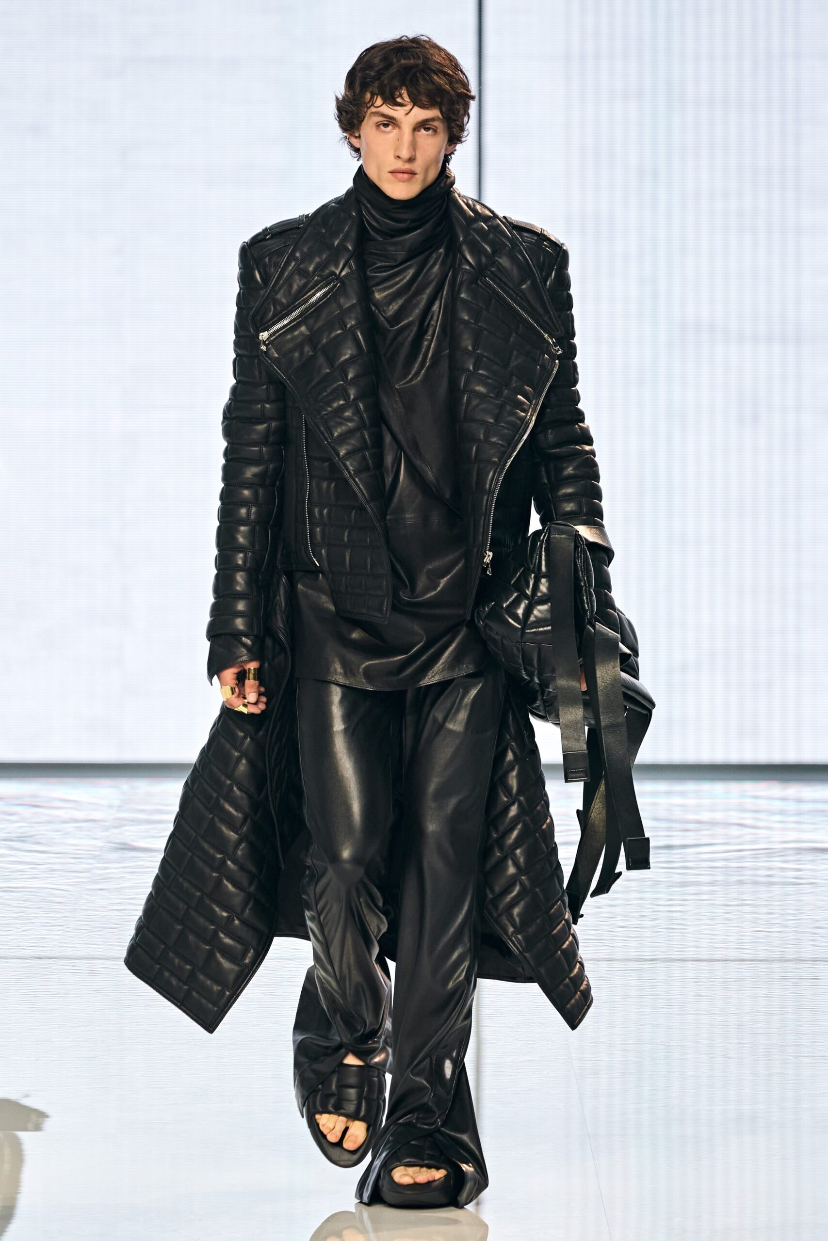 black leather quilted coat