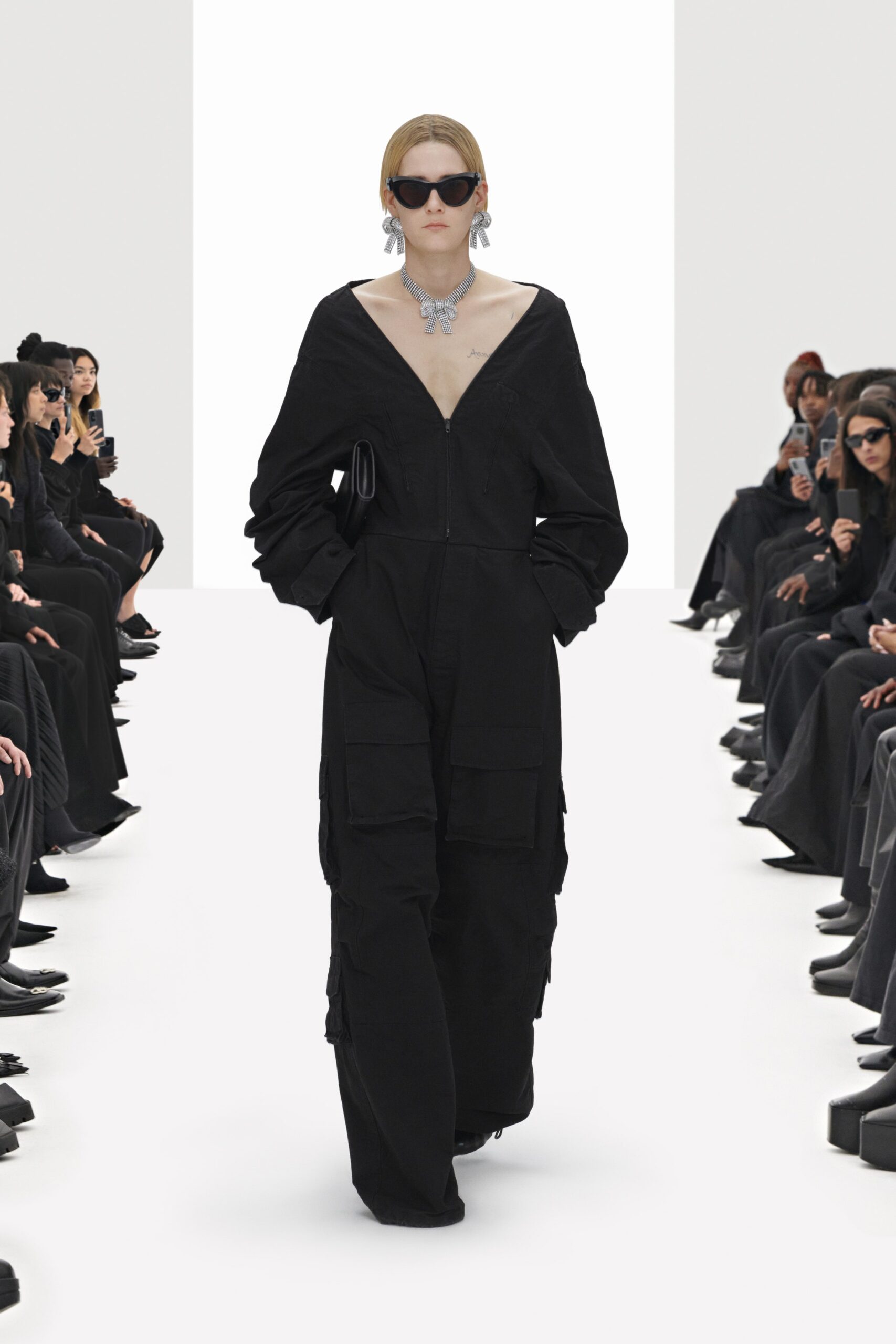 black cotton long-sleeve v-neck relaxed cargo zippered jumpsuit