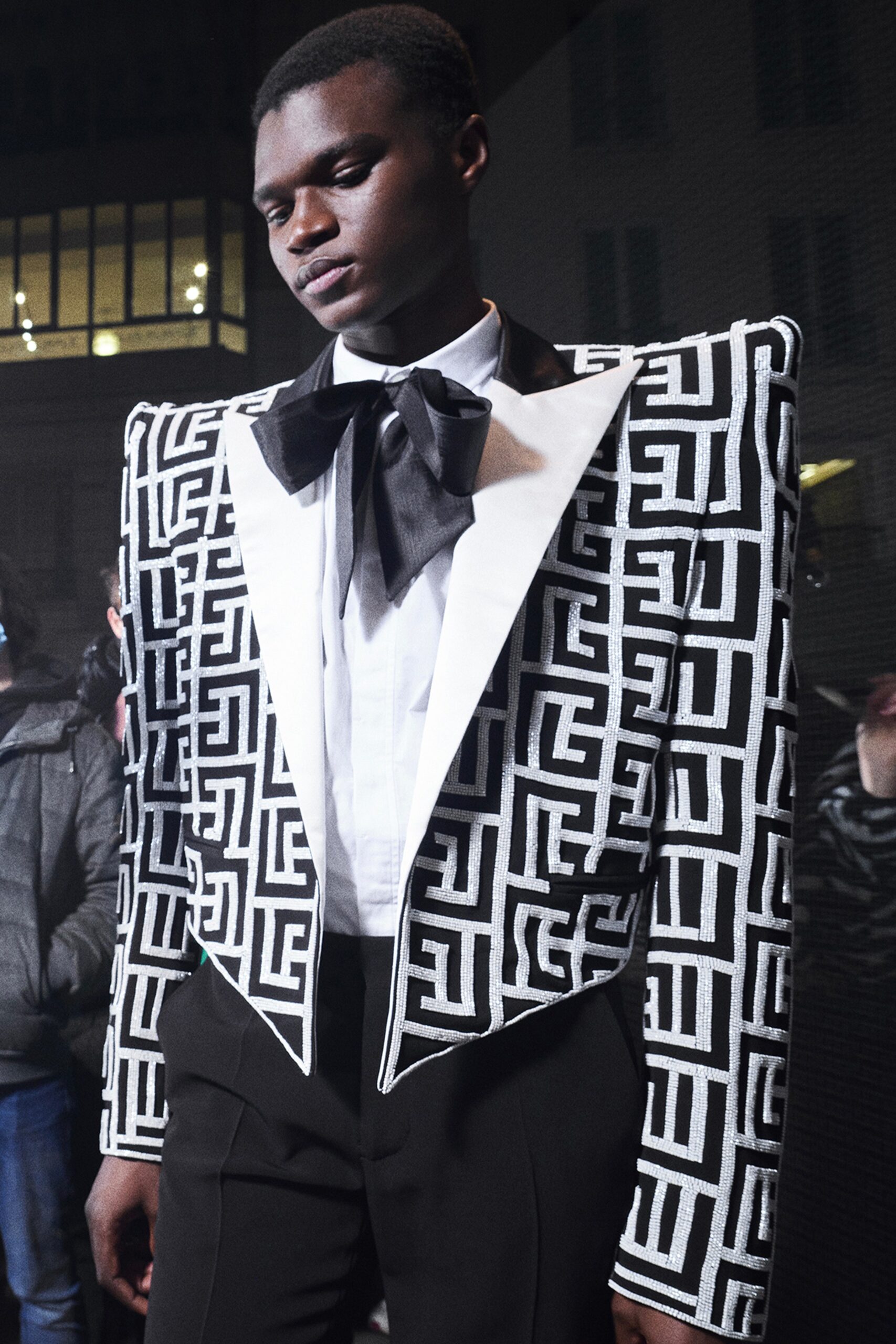 black and white embroidered blazer