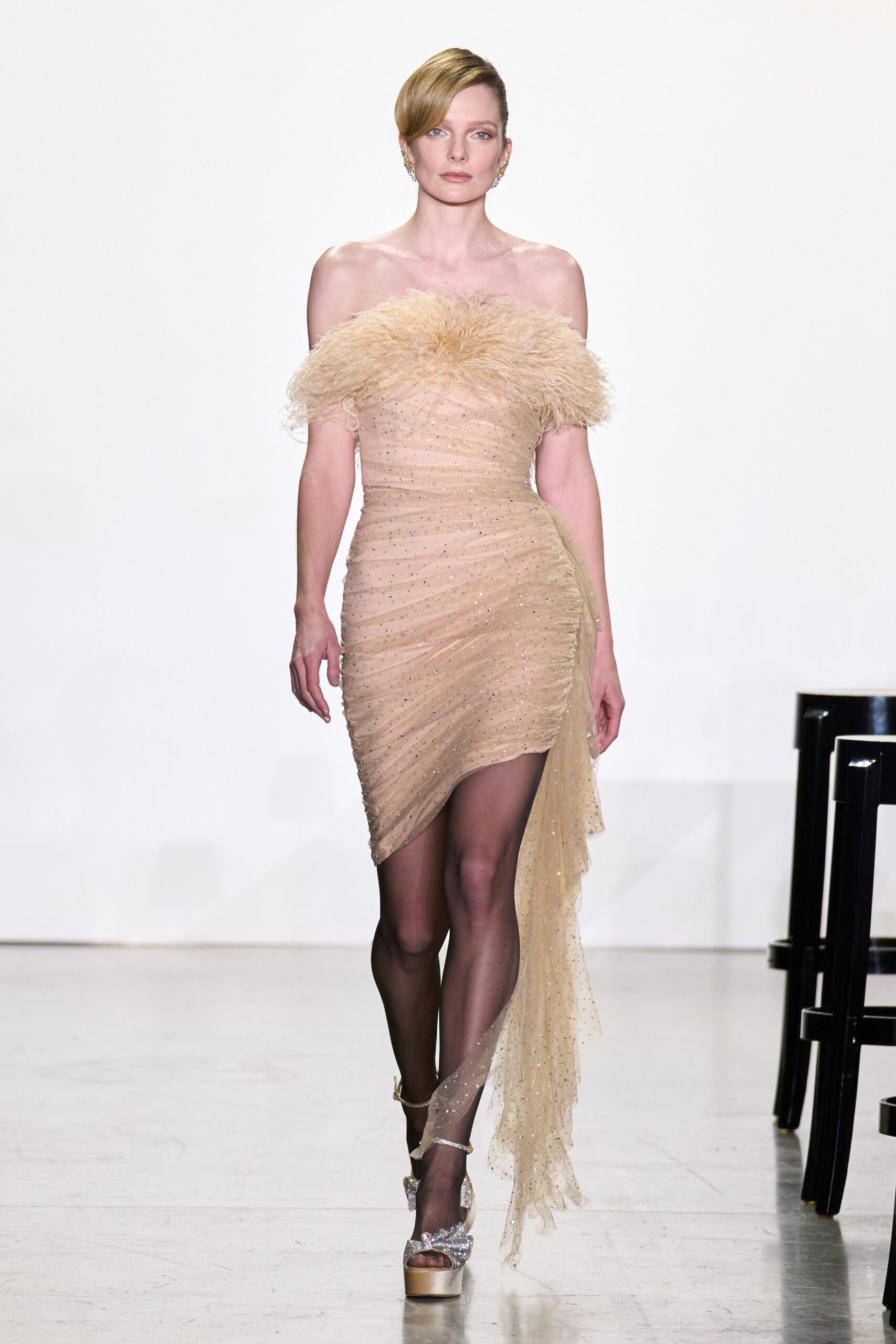 beige gold strapless asymmetric dress