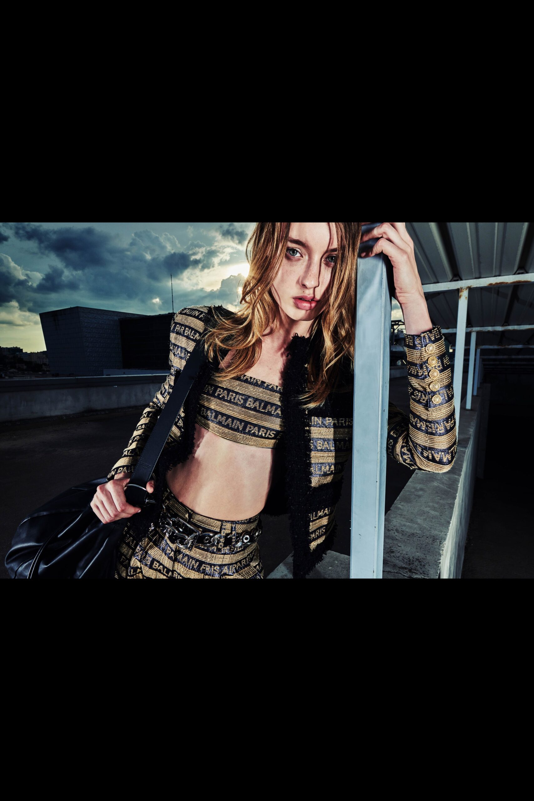 gold and black printed crop top and pants