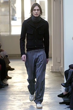 black fitted jacket with gray pants