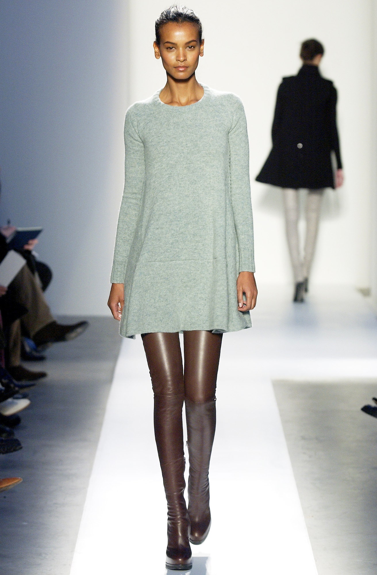 gray wool long-sleeve scoop-neck fitted a-line mini dress