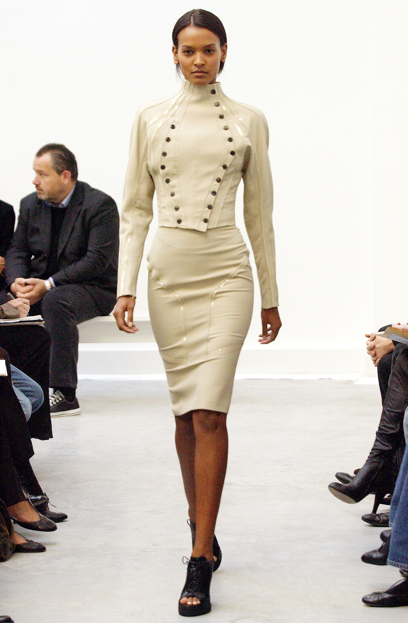 beige leather fitted dress