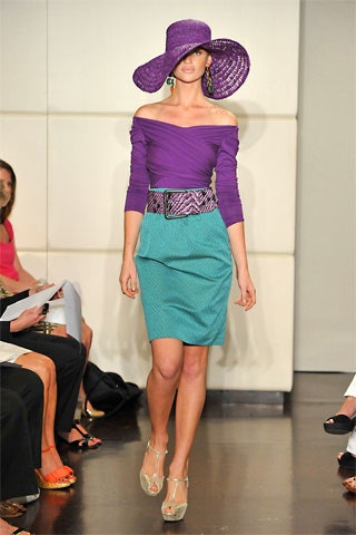 purple off-shoulder top with teal pencil skirt