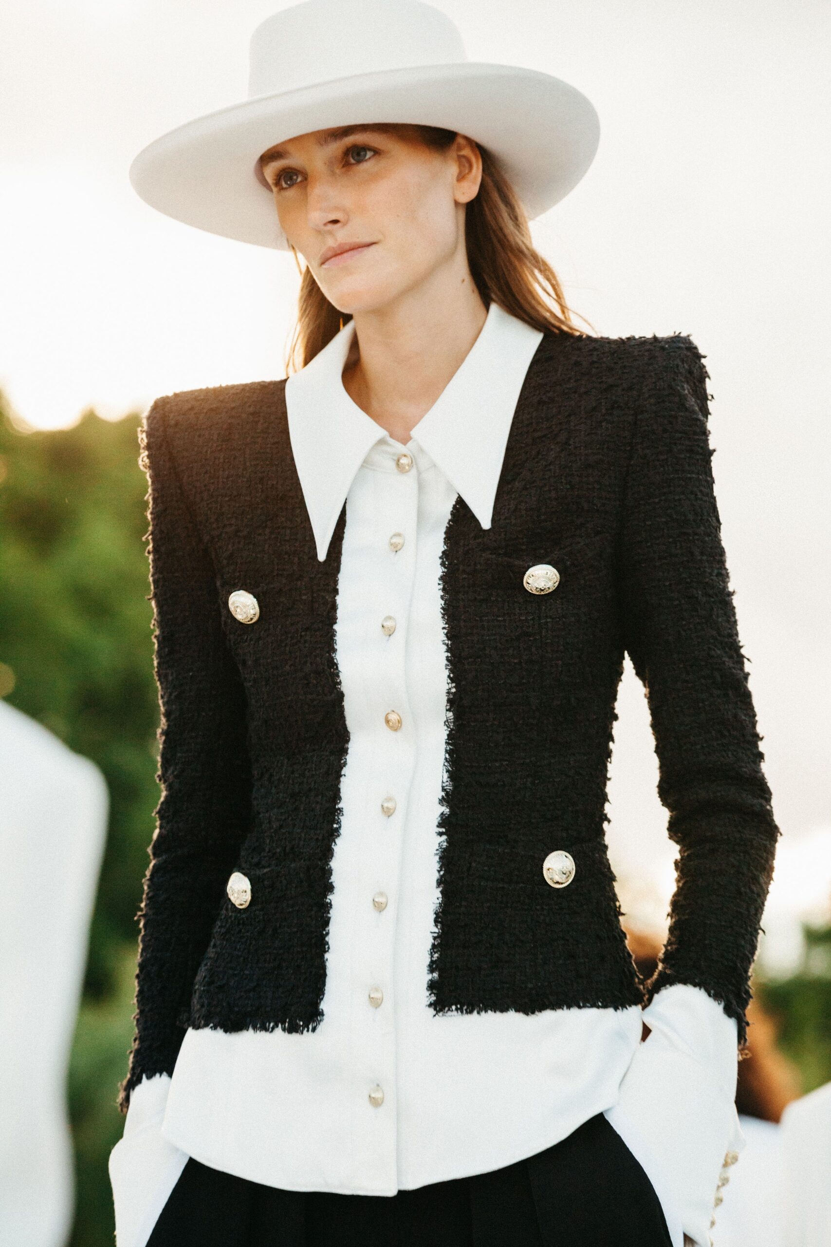 black and white structured blazer with hat