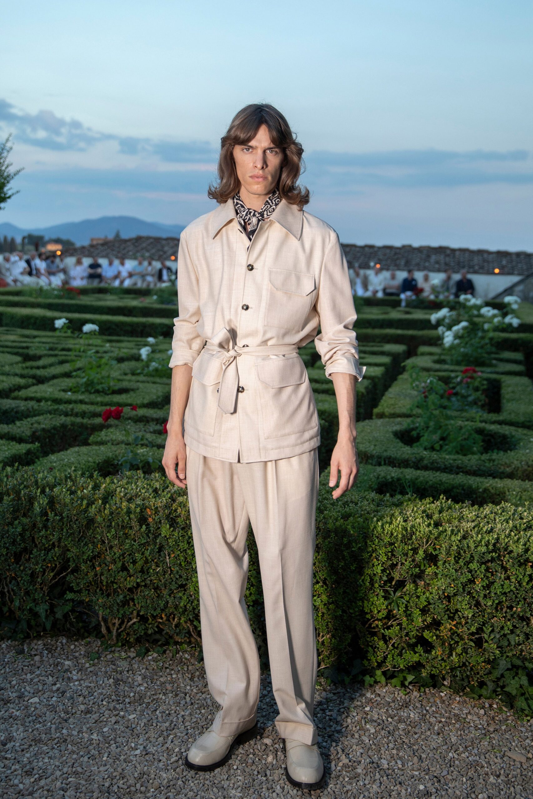 beige cotton jacket and pants