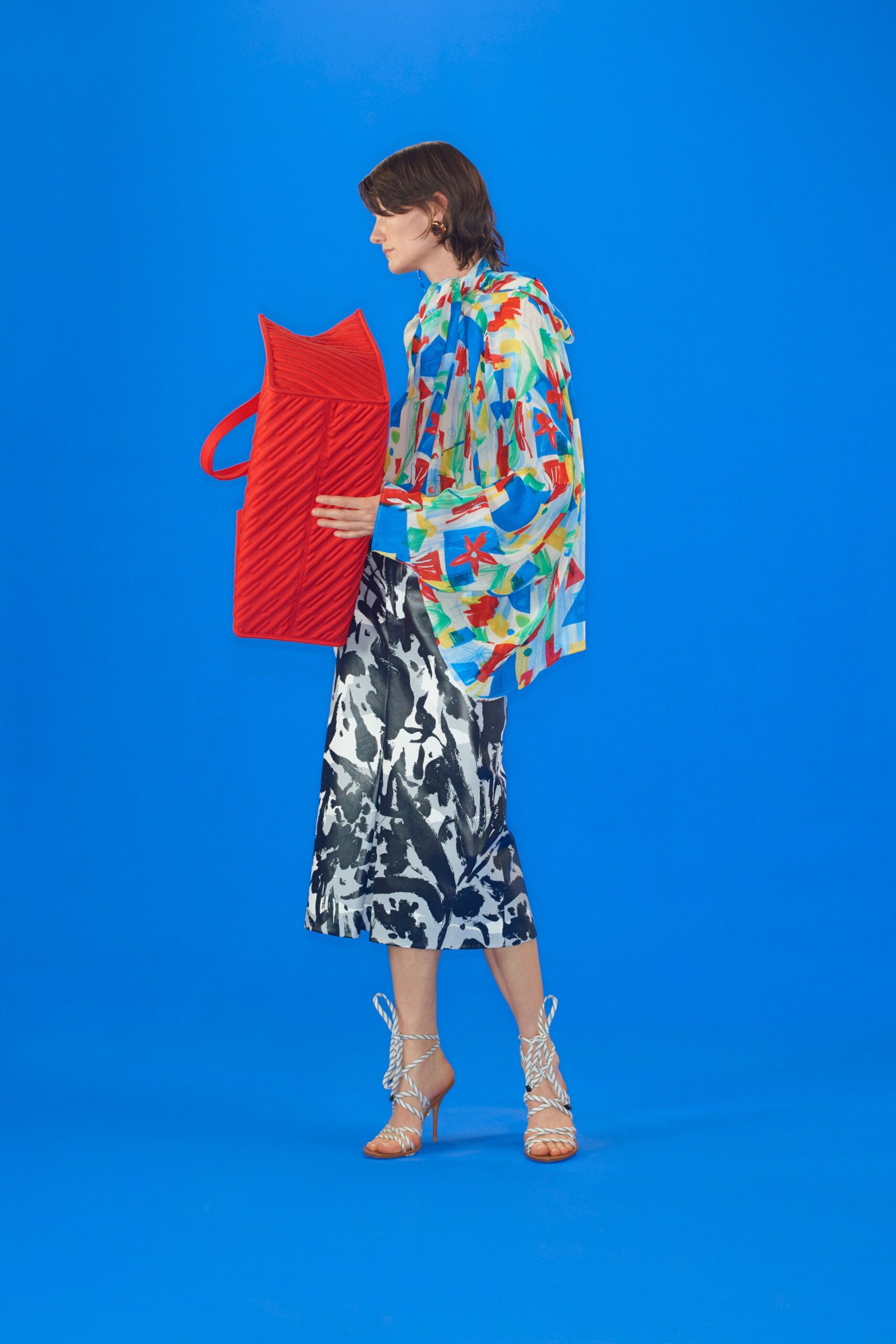 multi-colored ruffled blouse with midi skirt