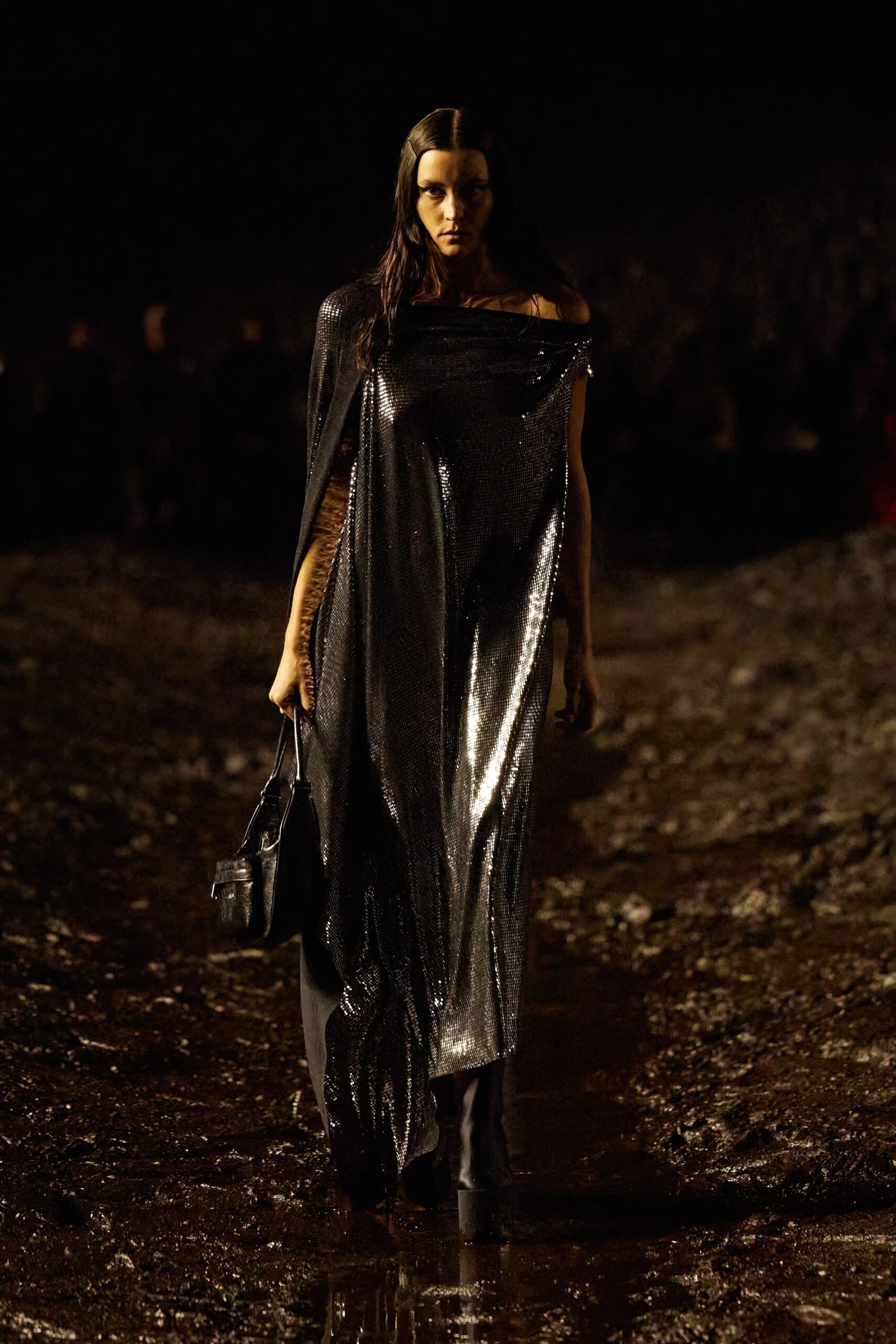 black silk off-shoulder dress