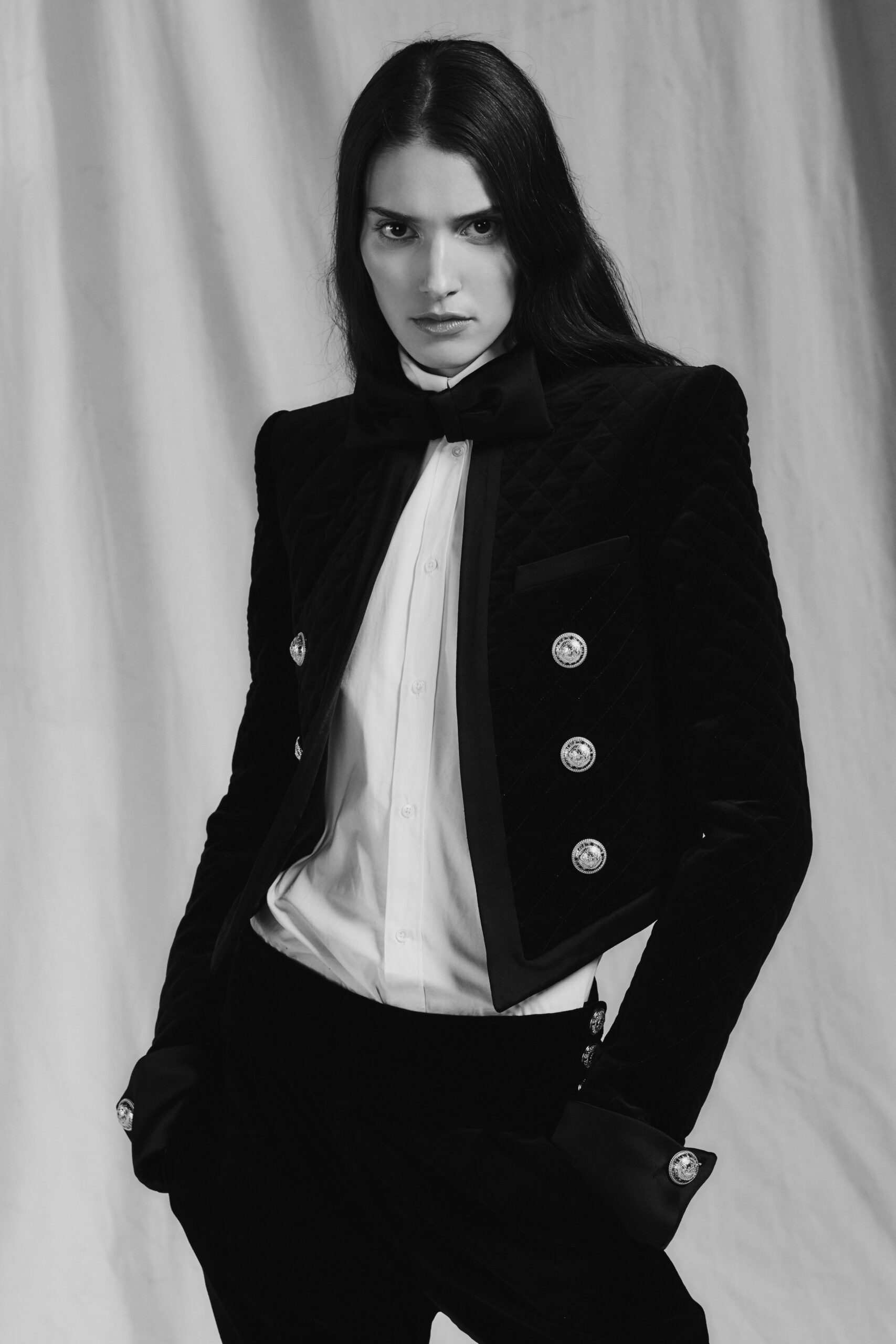 black velvet tailored blazer and white shirt