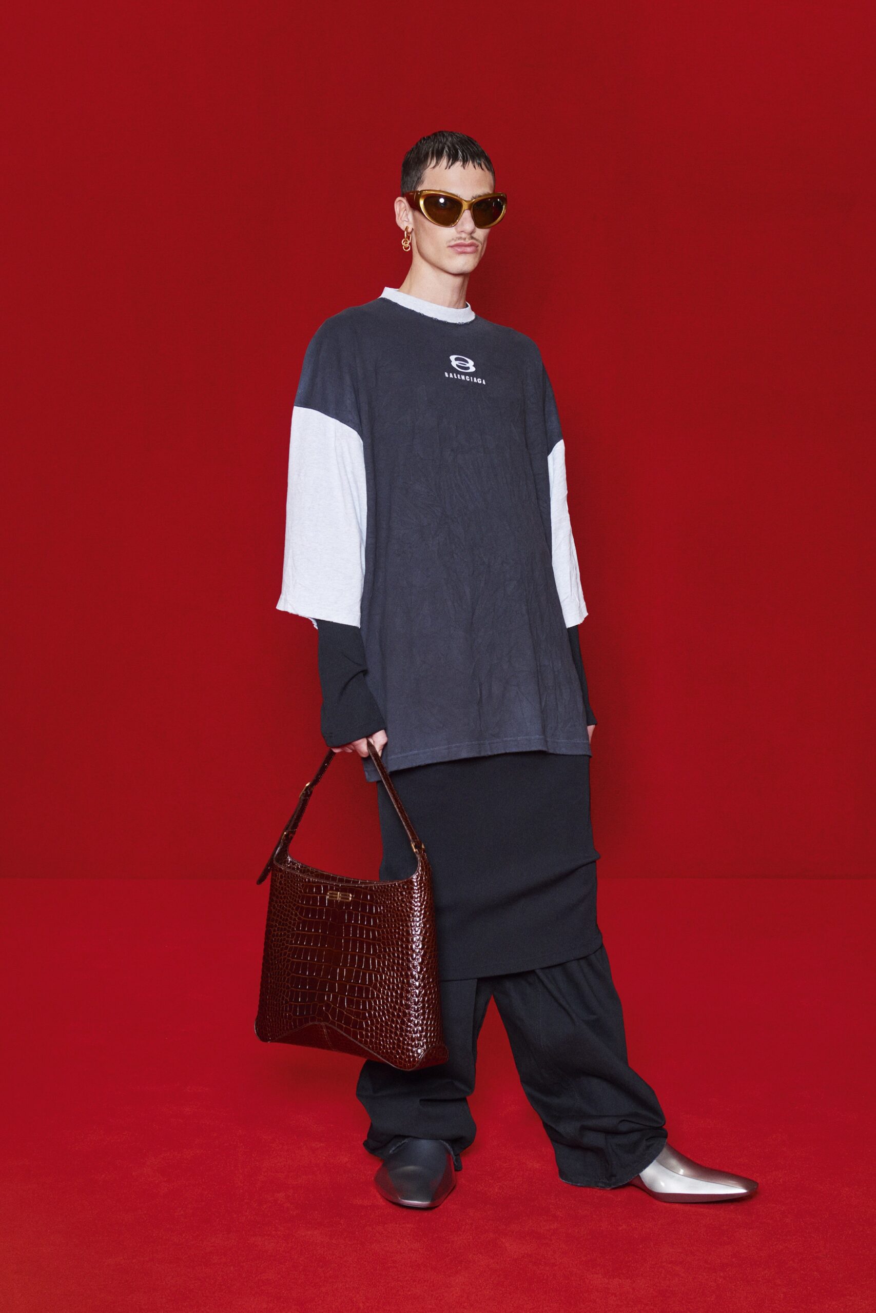 black long-sleeve collared oversized layered t-shirt
