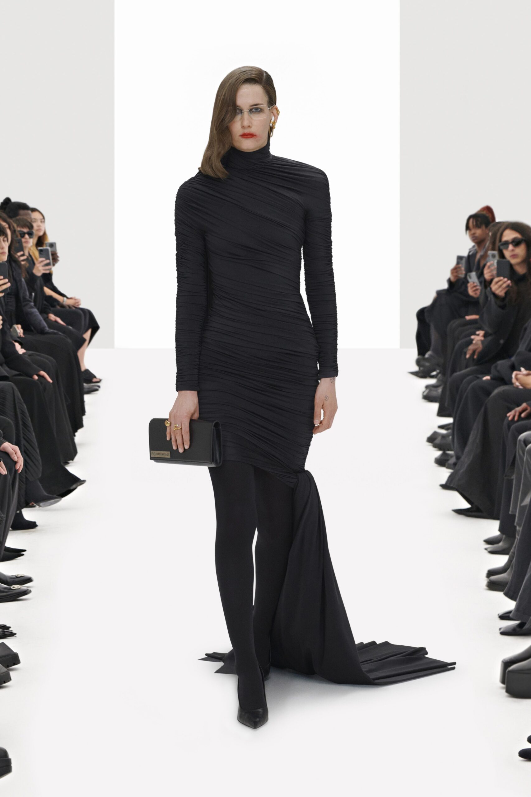 black fitted silk ruched dress