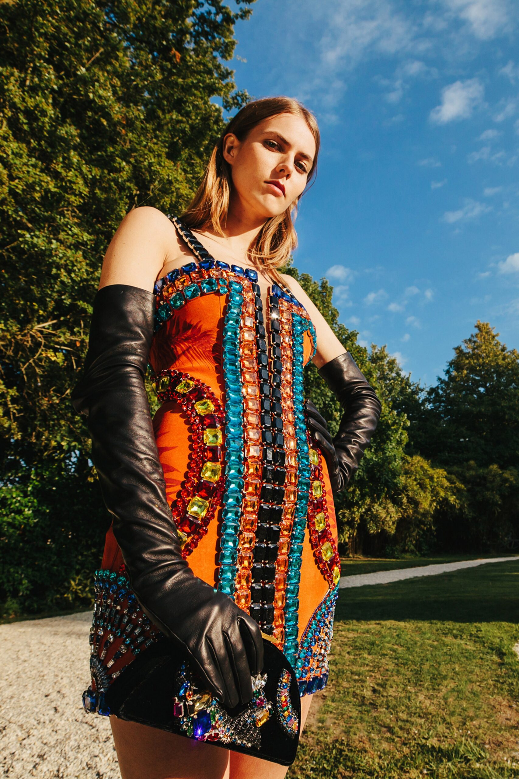 fitted orange beaded dress