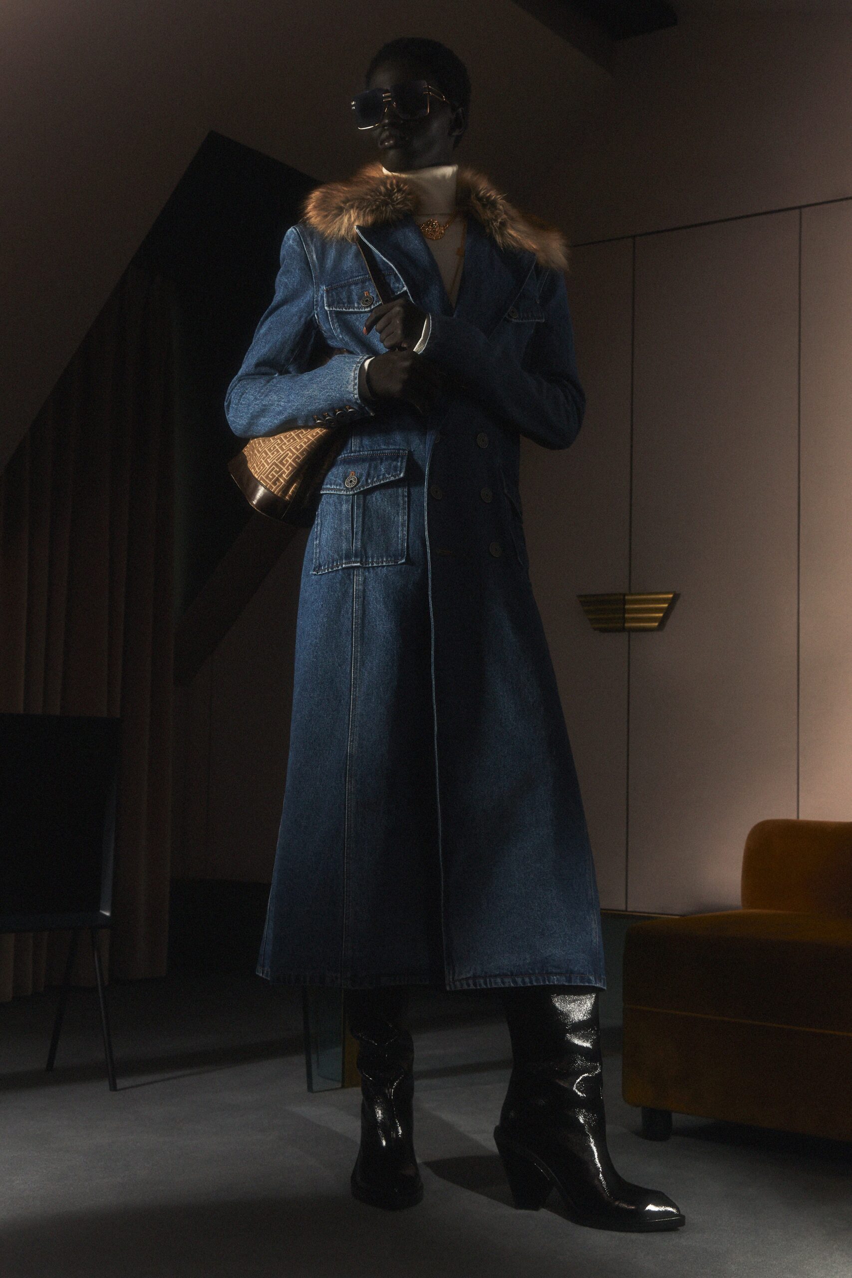 blue denim long-sleeve collared fitted belted maxi coat