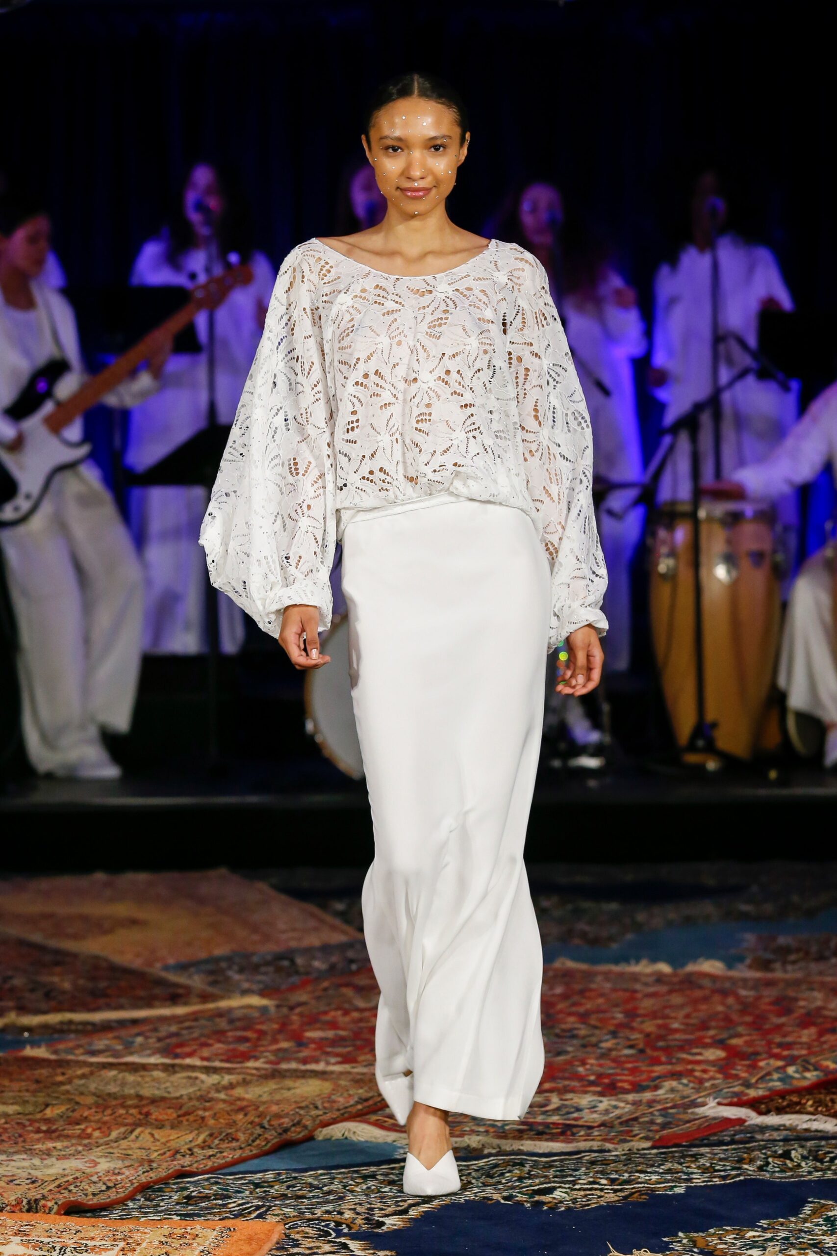 white lace blouse and silk skirt