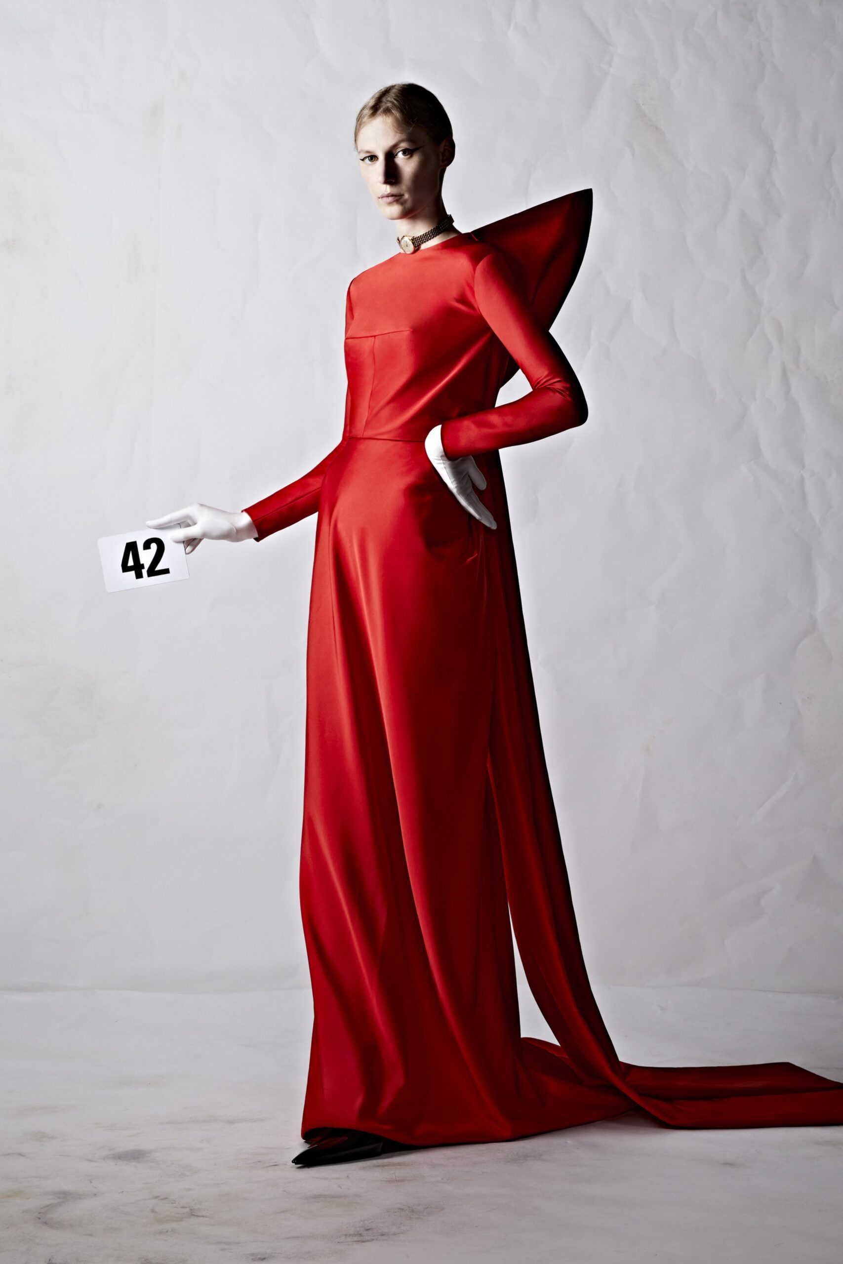red silk fitted gown