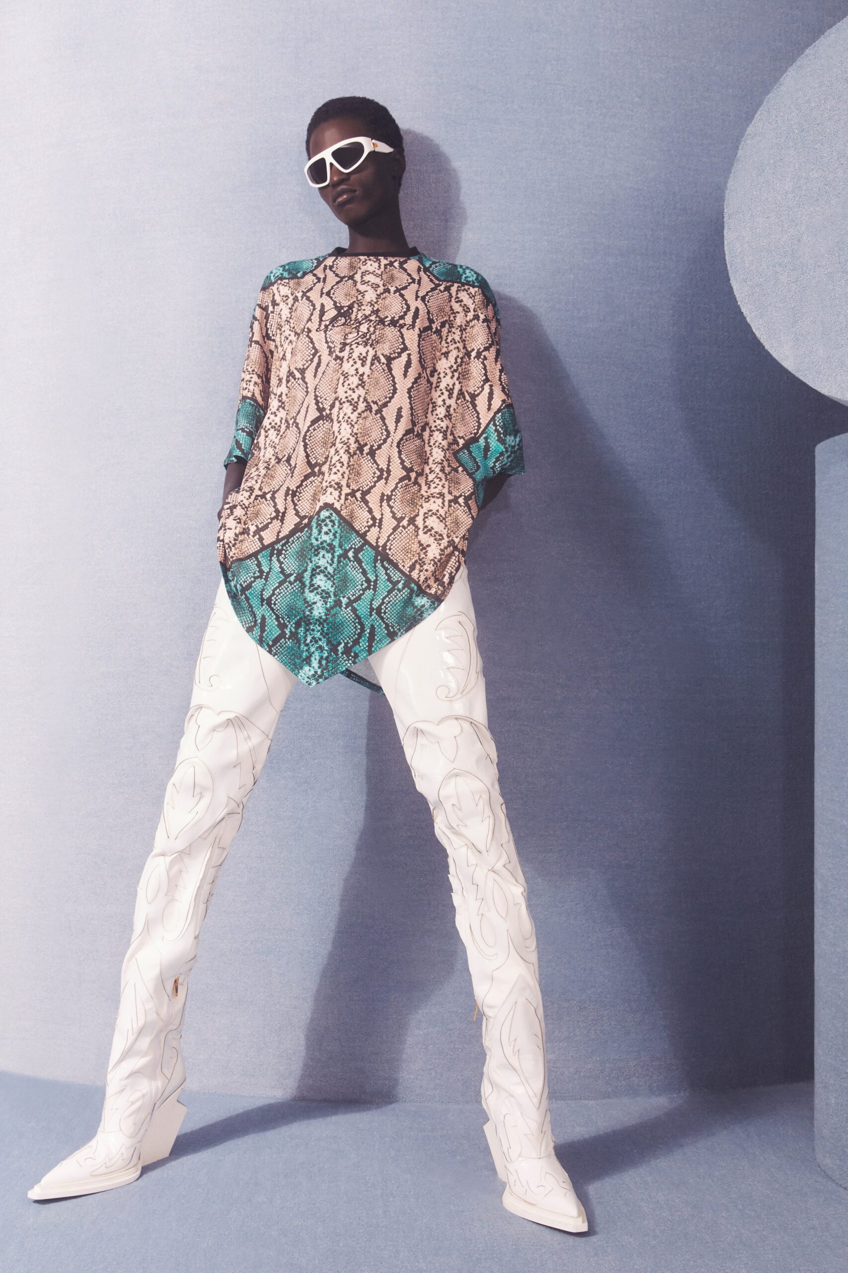 printed silk top with leather pants