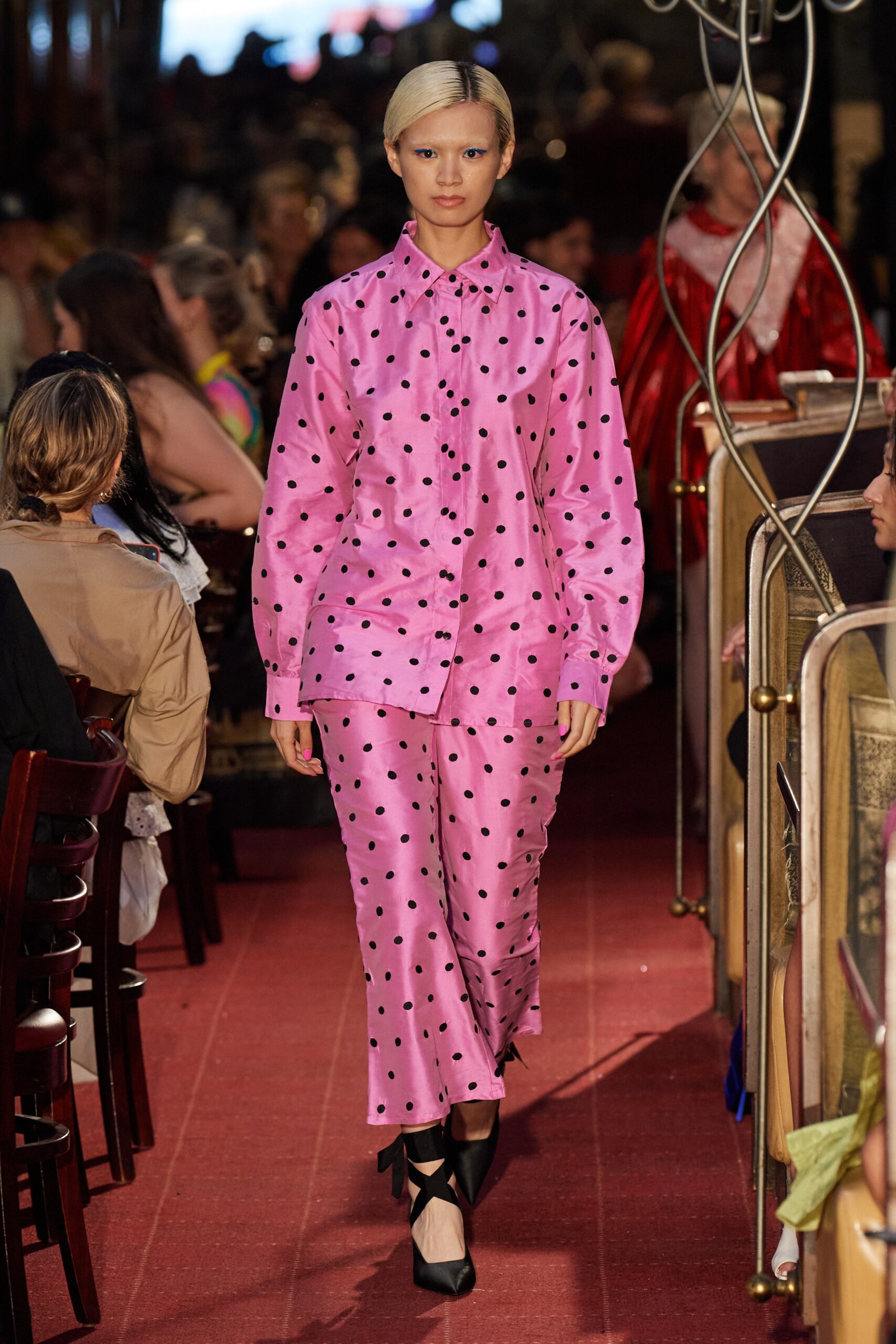pink silk long-sleeve collared relaxed polka-dot shirt