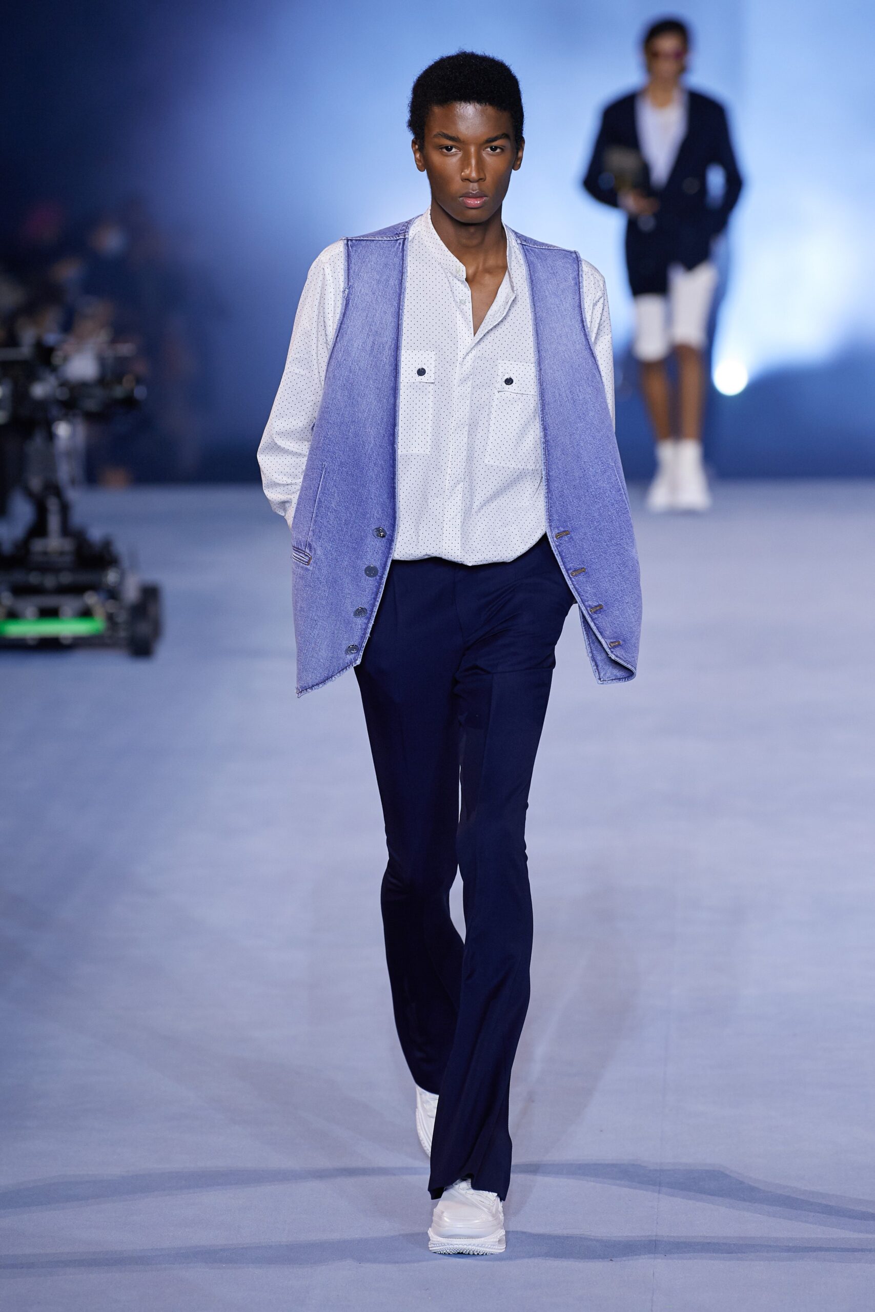 blue cotton vest with white shirt