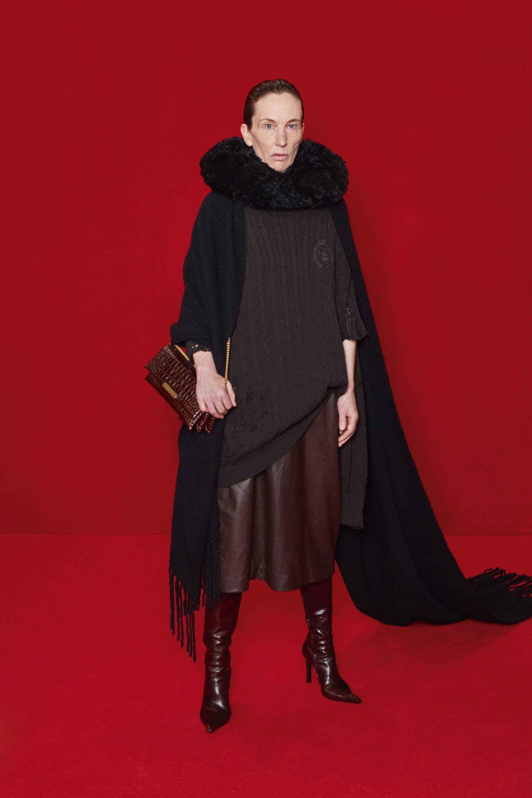 black wool long-sleeve relaxed fringed poncho