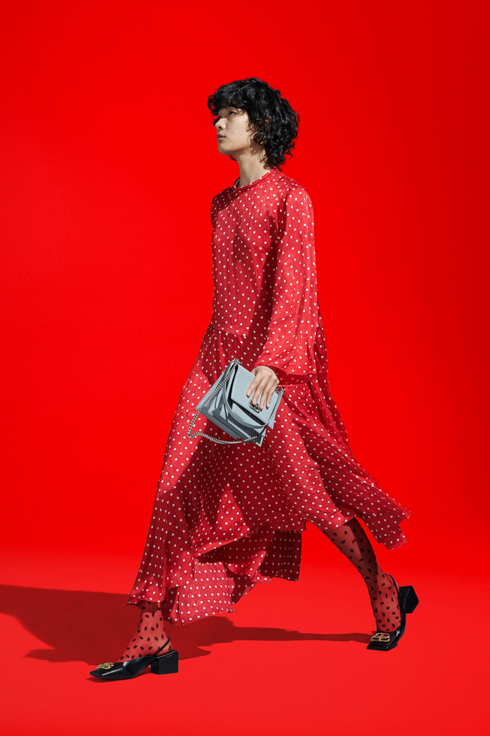 red silk long-sleeve v-neck relaxed polka-dot tiered dress