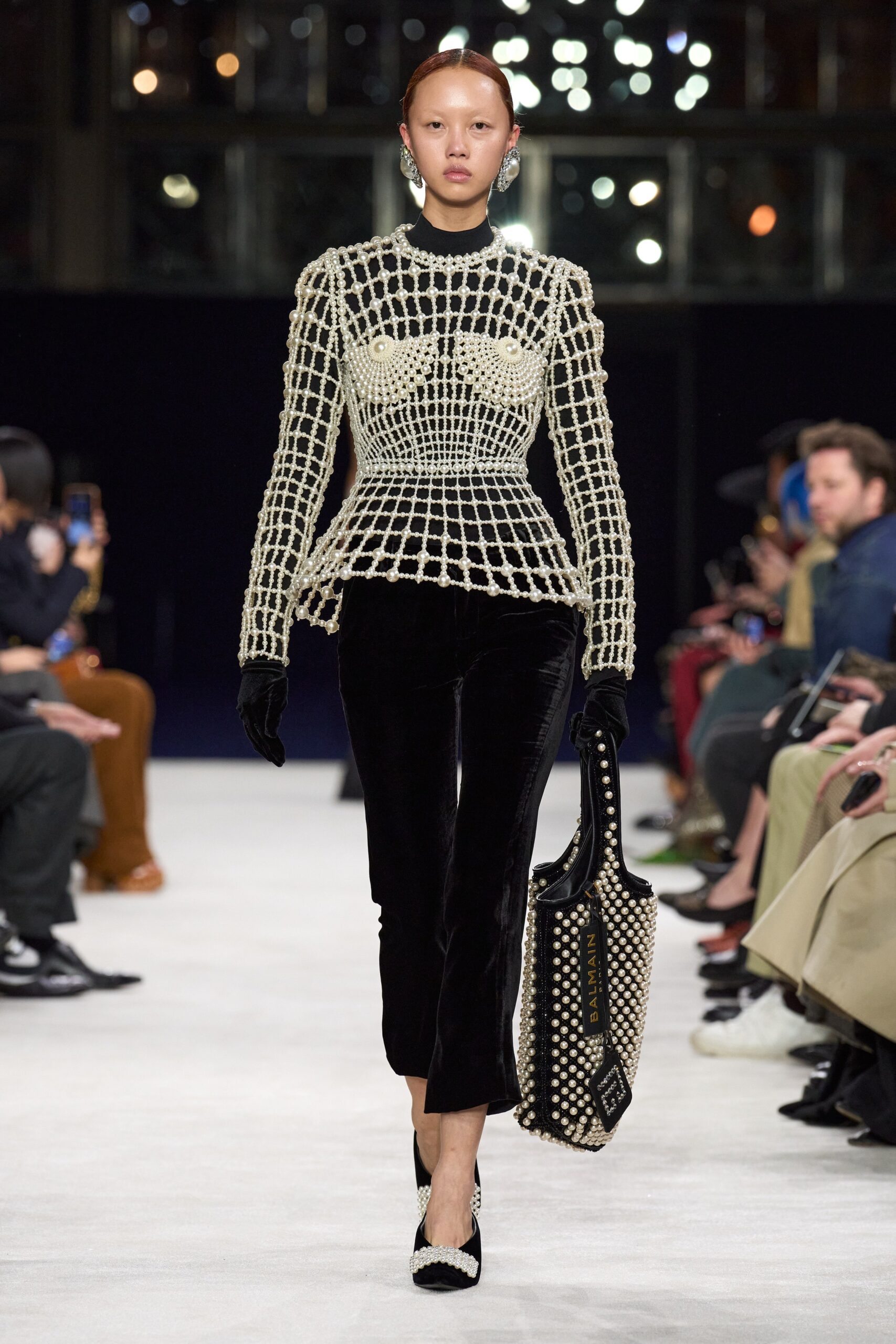 fitted black velvet pants and embellished top