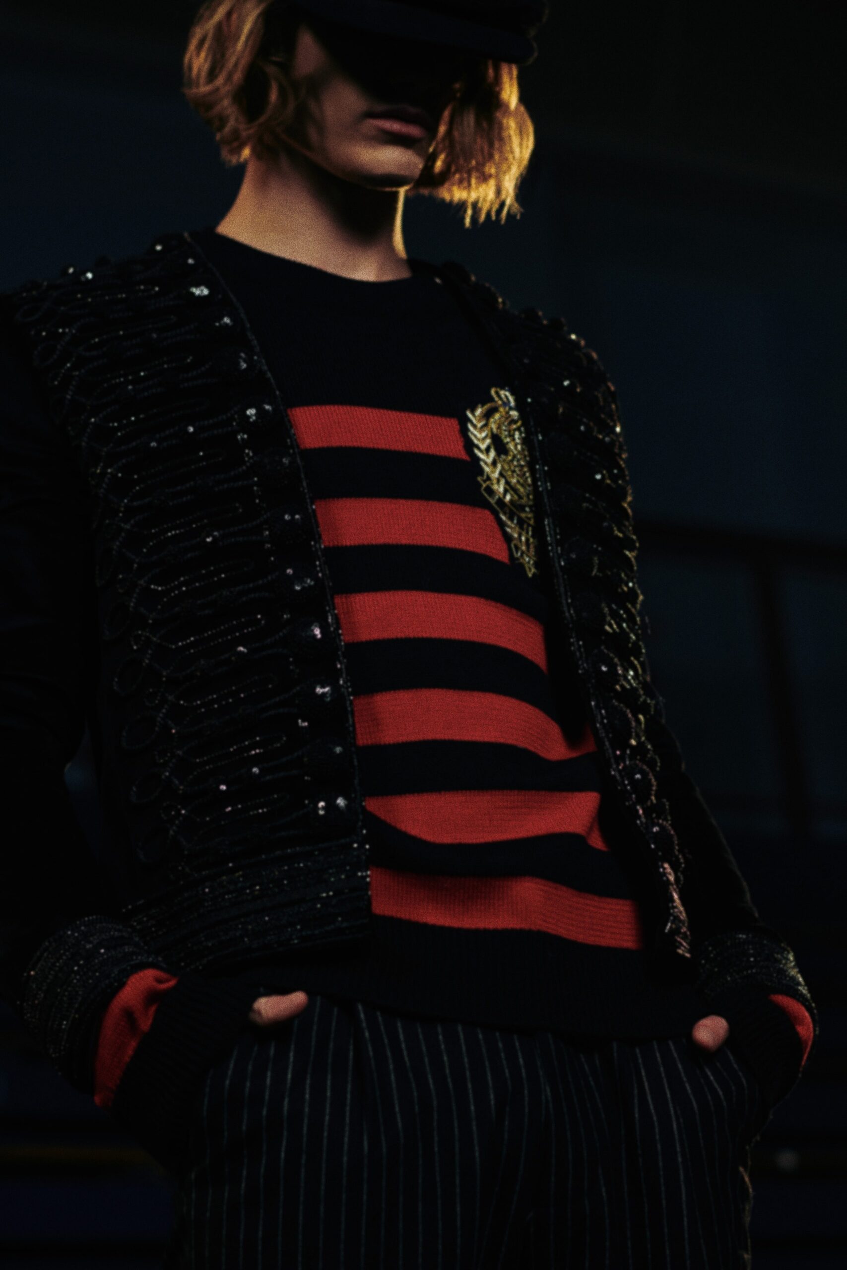 black cotton long-sleeve collared structured embroidered jacket