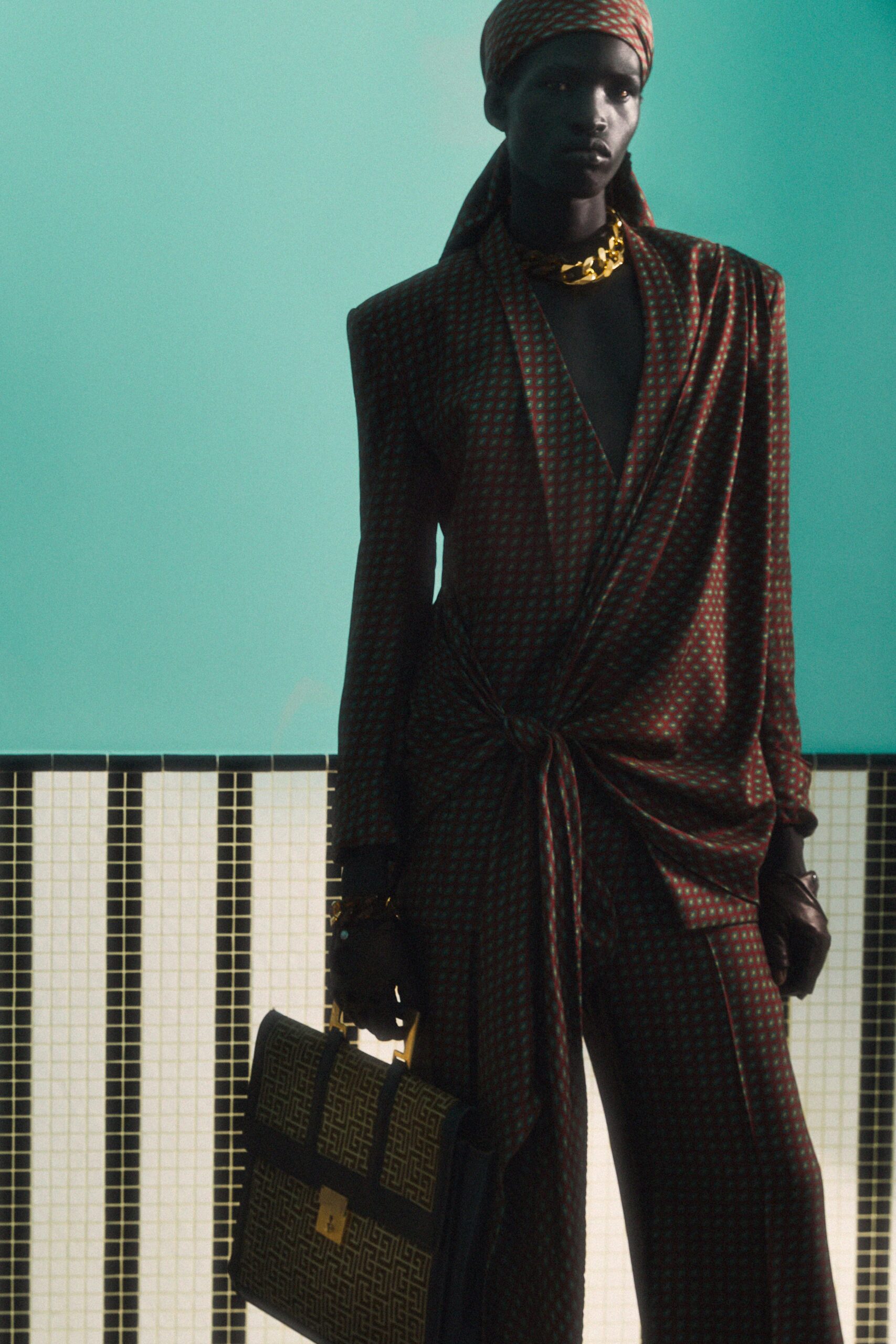 brown silk long-sleeve v-neck fitted draped printed jumpsuit