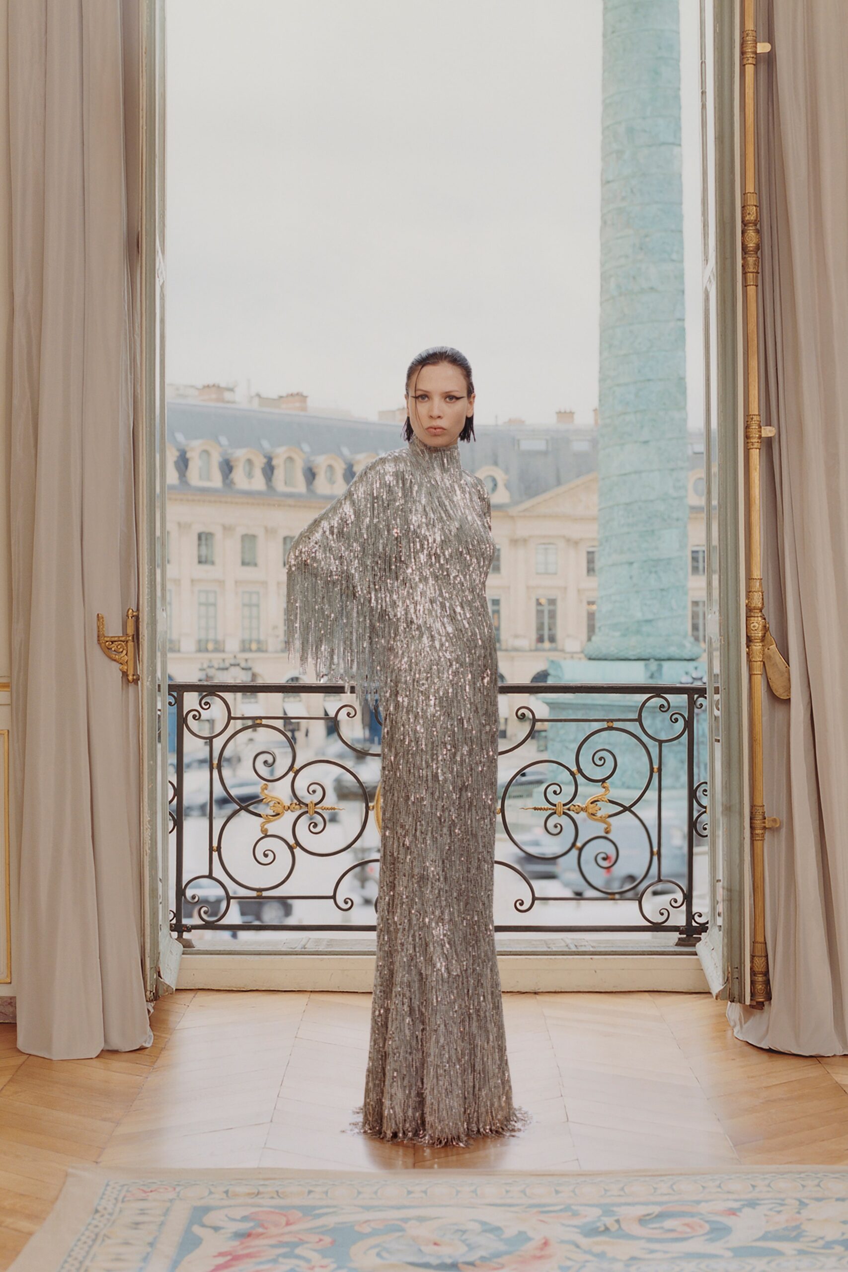 silver sequined fringed gown