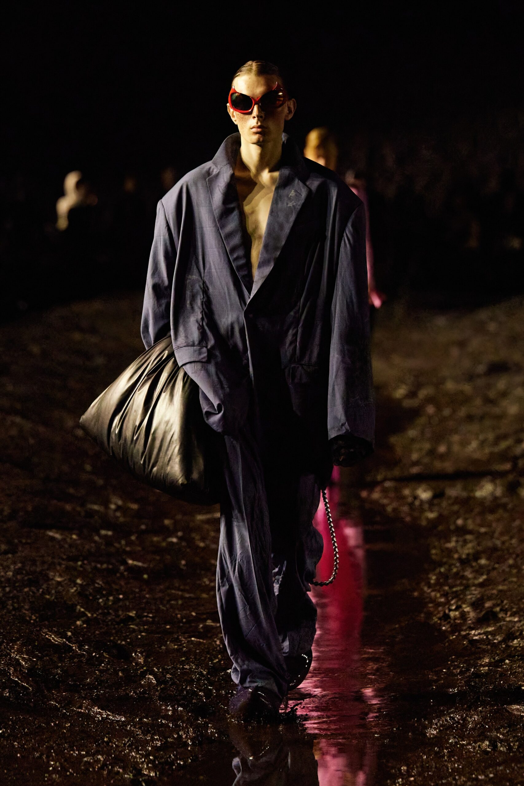 oversized blue jacket and relaxed pants