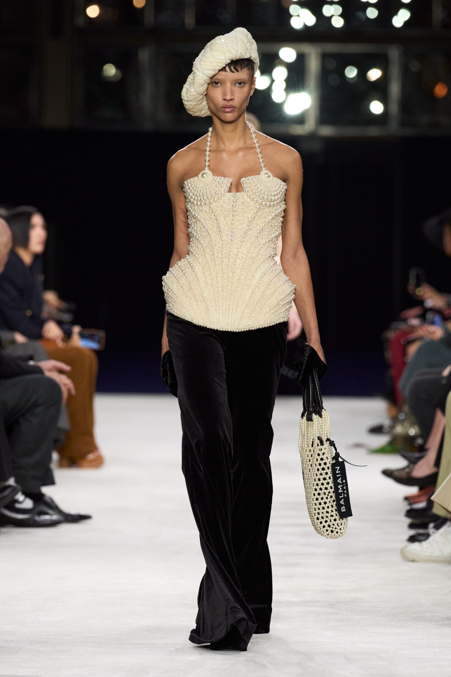 fitted white pleated top with black velvet pants