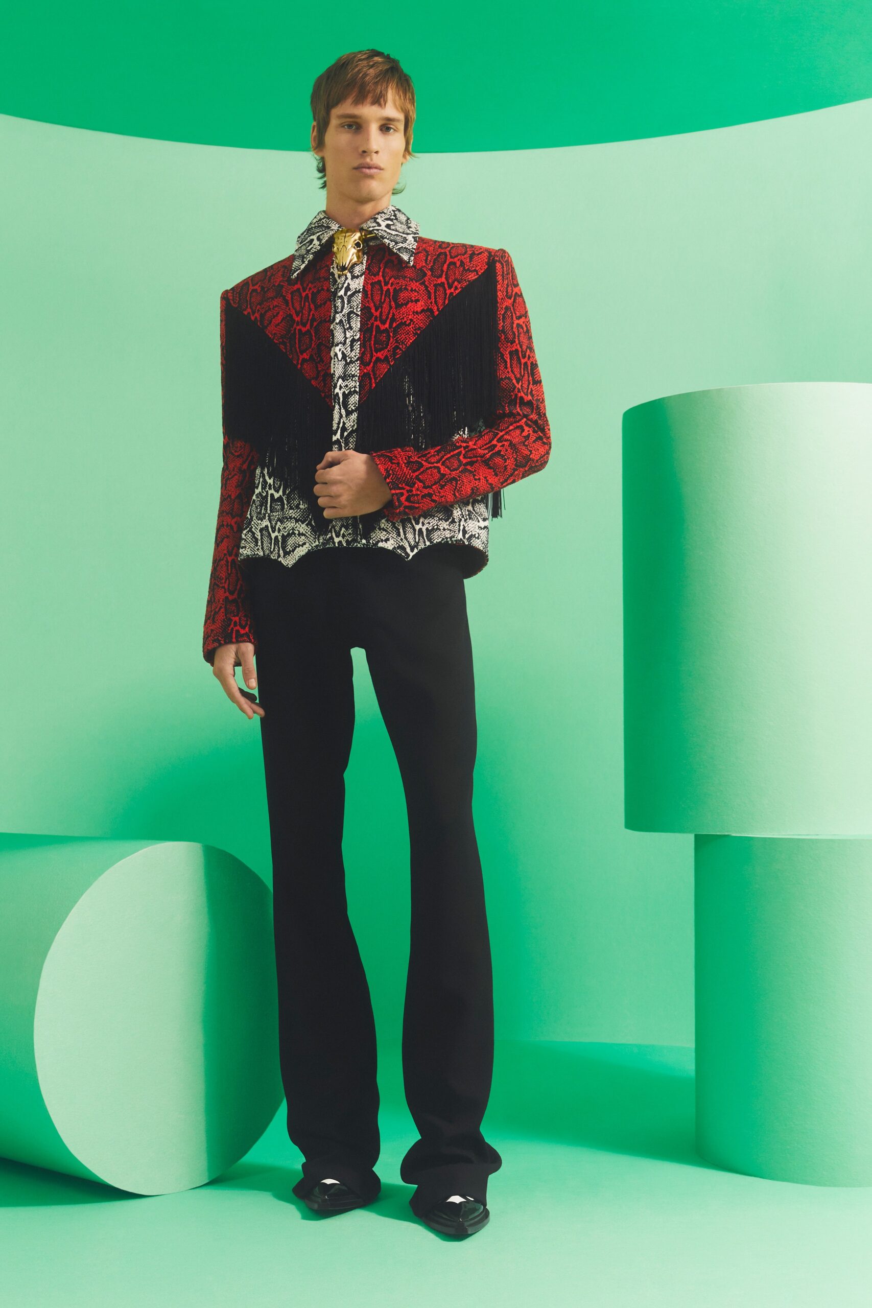 fitted red and black jacket with fringes