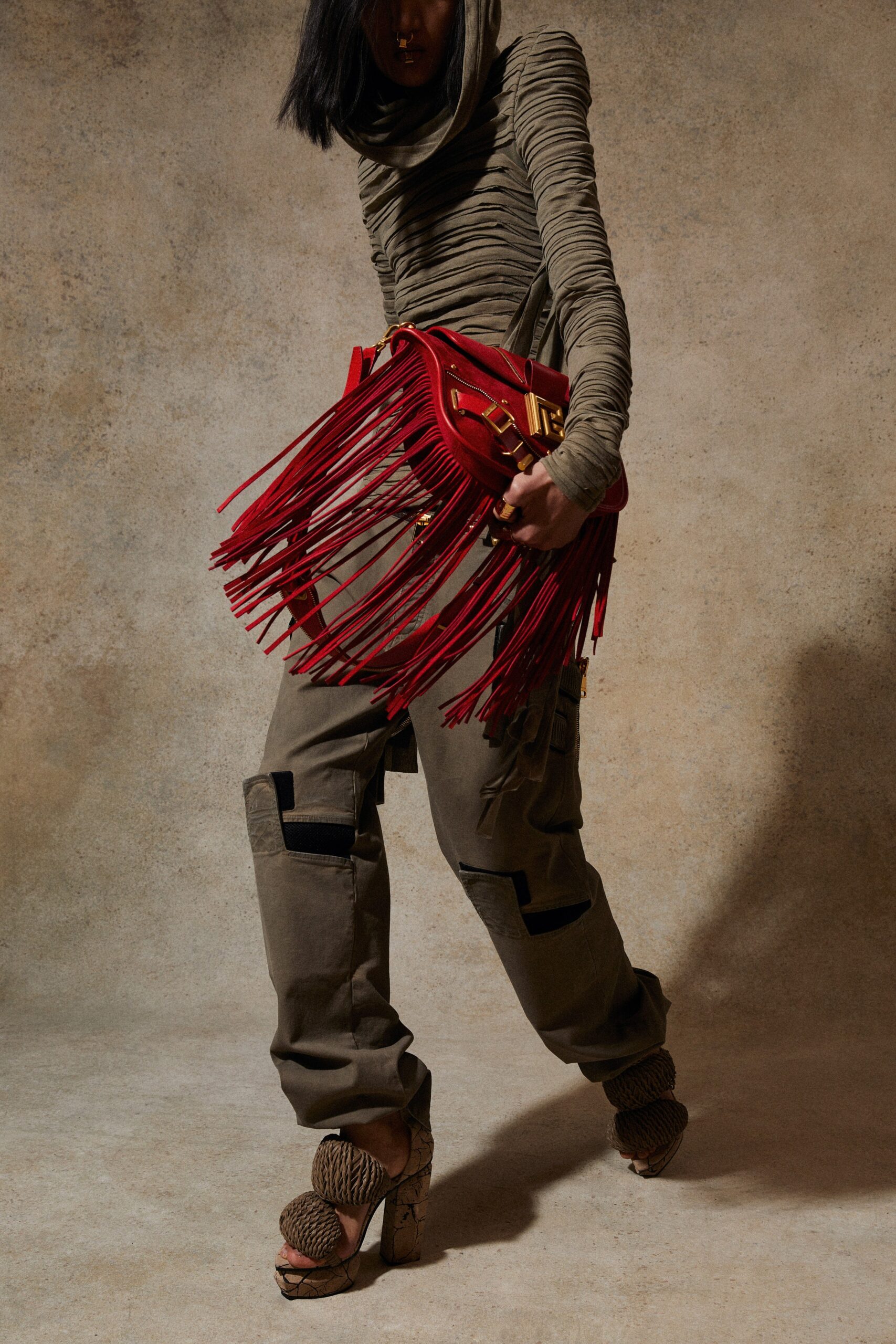 beige fitted top with cargo pants