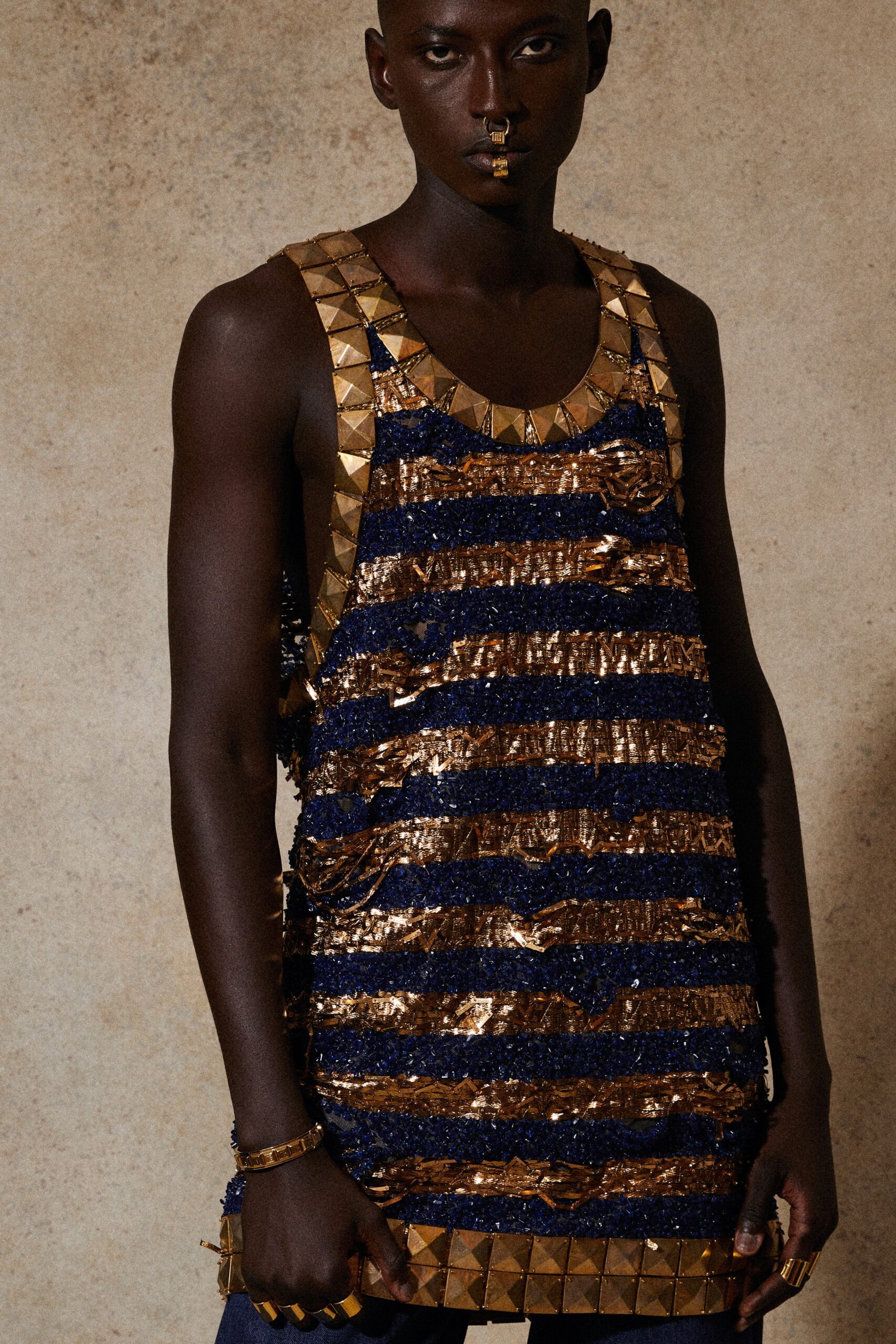 blue and gold sequin tank-top