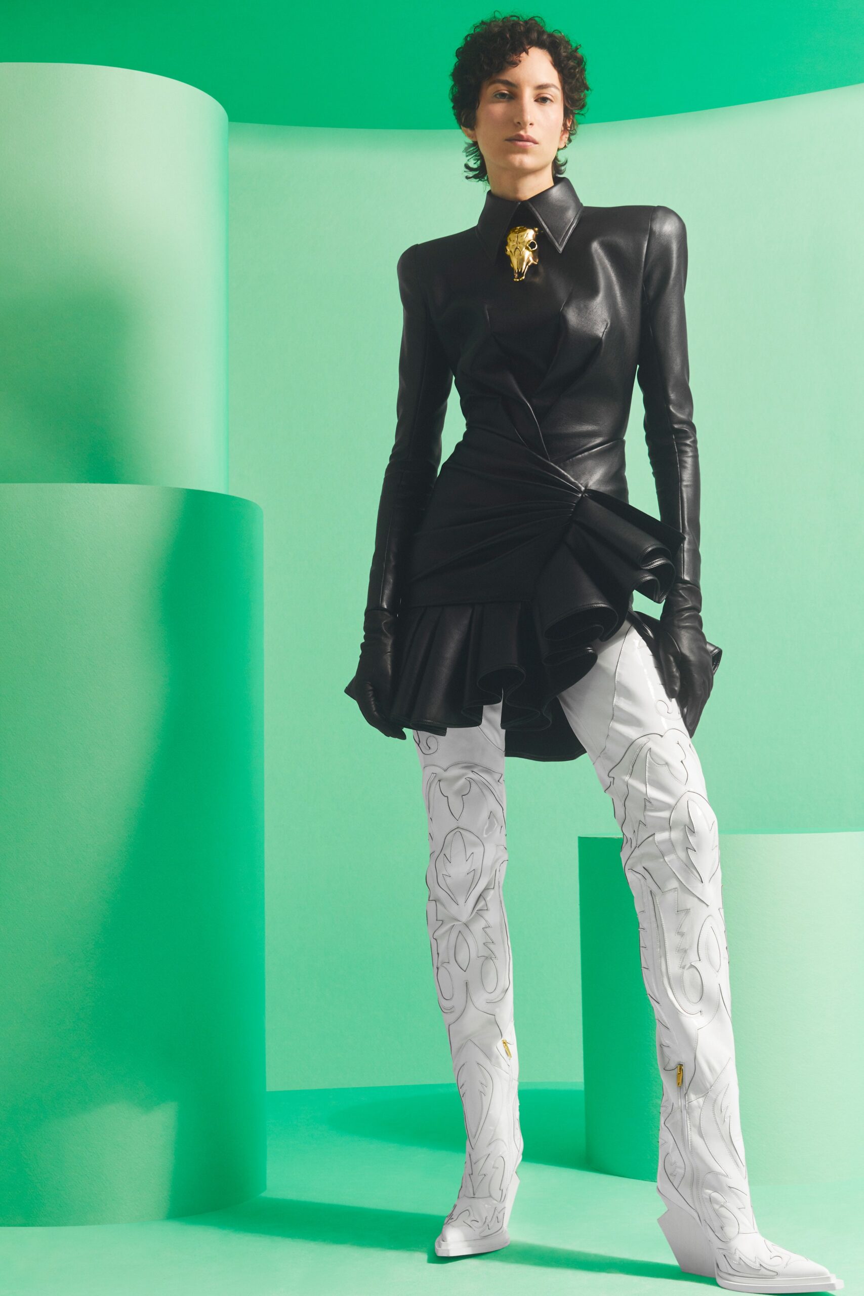 black leather long-sleeve high-neck fitted draped mini dress