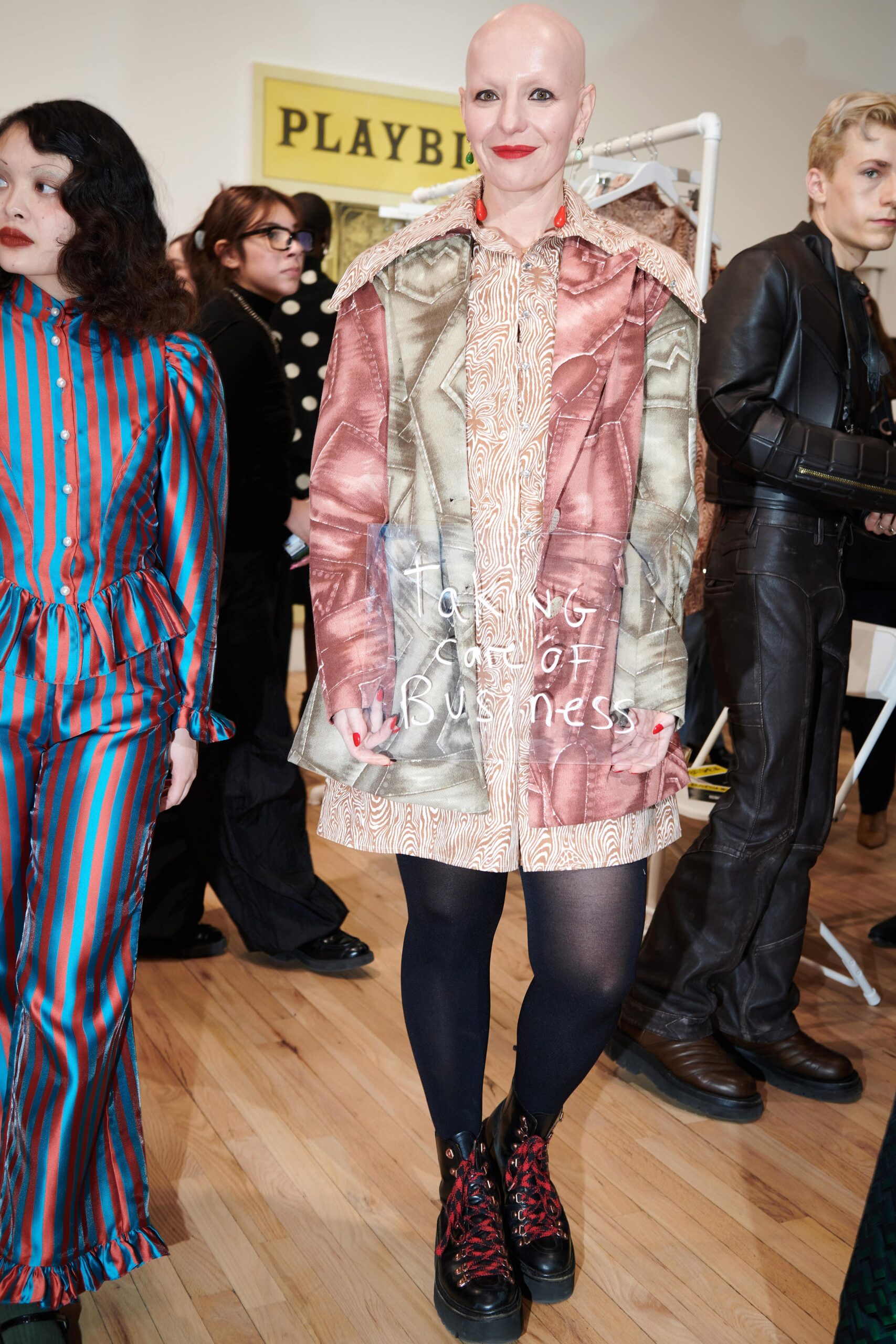 multi-colored relaxed coat with black pants